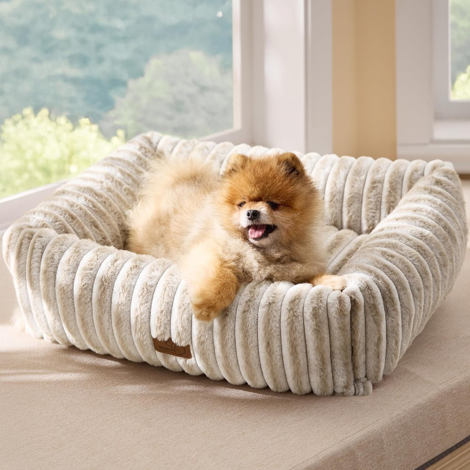 image:imageBedsure ComfyFleece Cute Dog Bed for Small Medium Dogs Washable25in Cream Furry Puppy BedsSquare Rectangle Orthopedic Corduroy Aesthetic Pet BedsRemovable Zipper CoverNonSlip BottomUp to 15 LbsAmphora