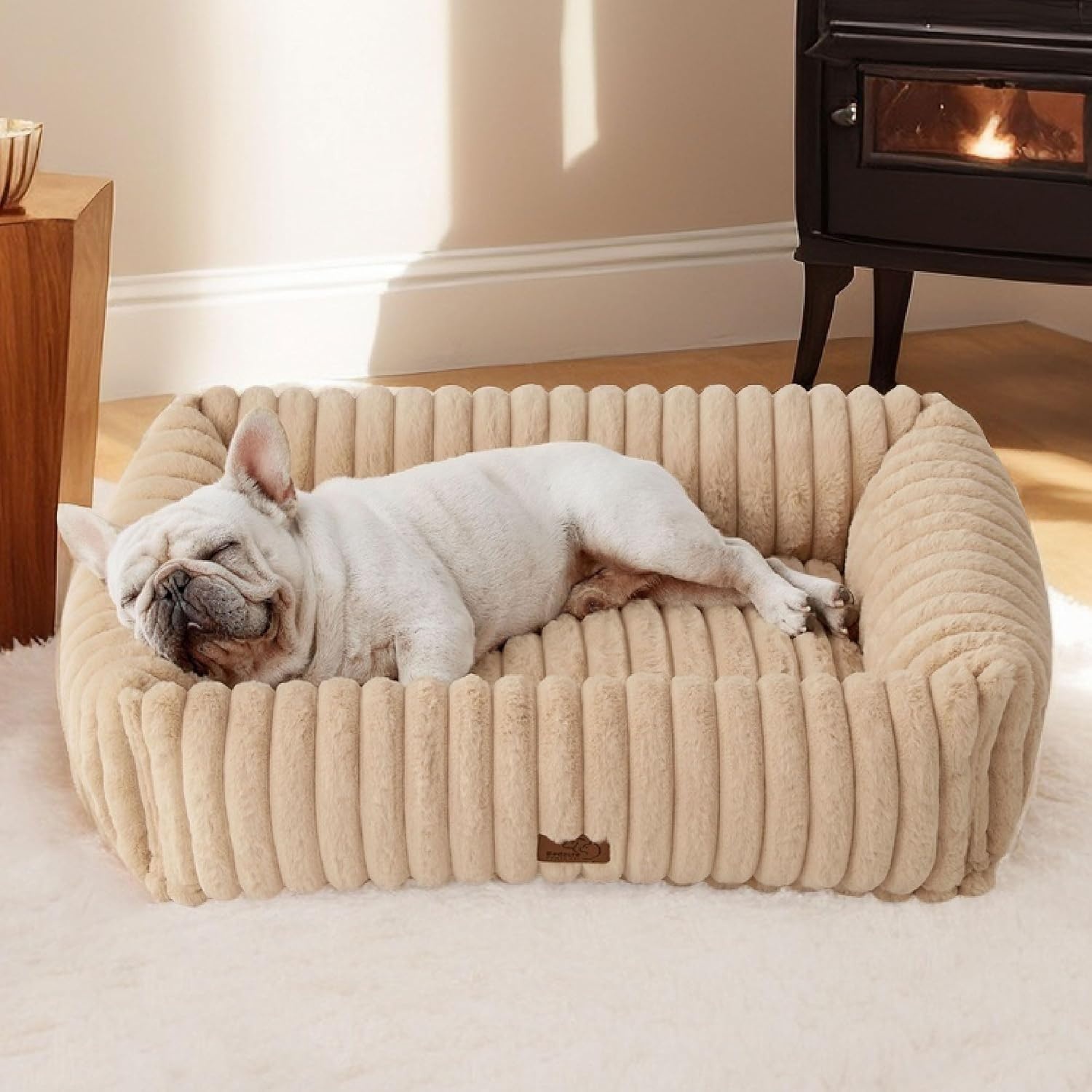 image:imageBedsure ComfyFleece Cute Dog Bed for Small Medium Dogs Washable25in Cream Furry Puppy BedsSquare Rectangle Orthopedic Corduroy Aesthetic Pet BedsRemovable Zipper CoverNonSlip BottomUp to 15 LbsSandy Beige