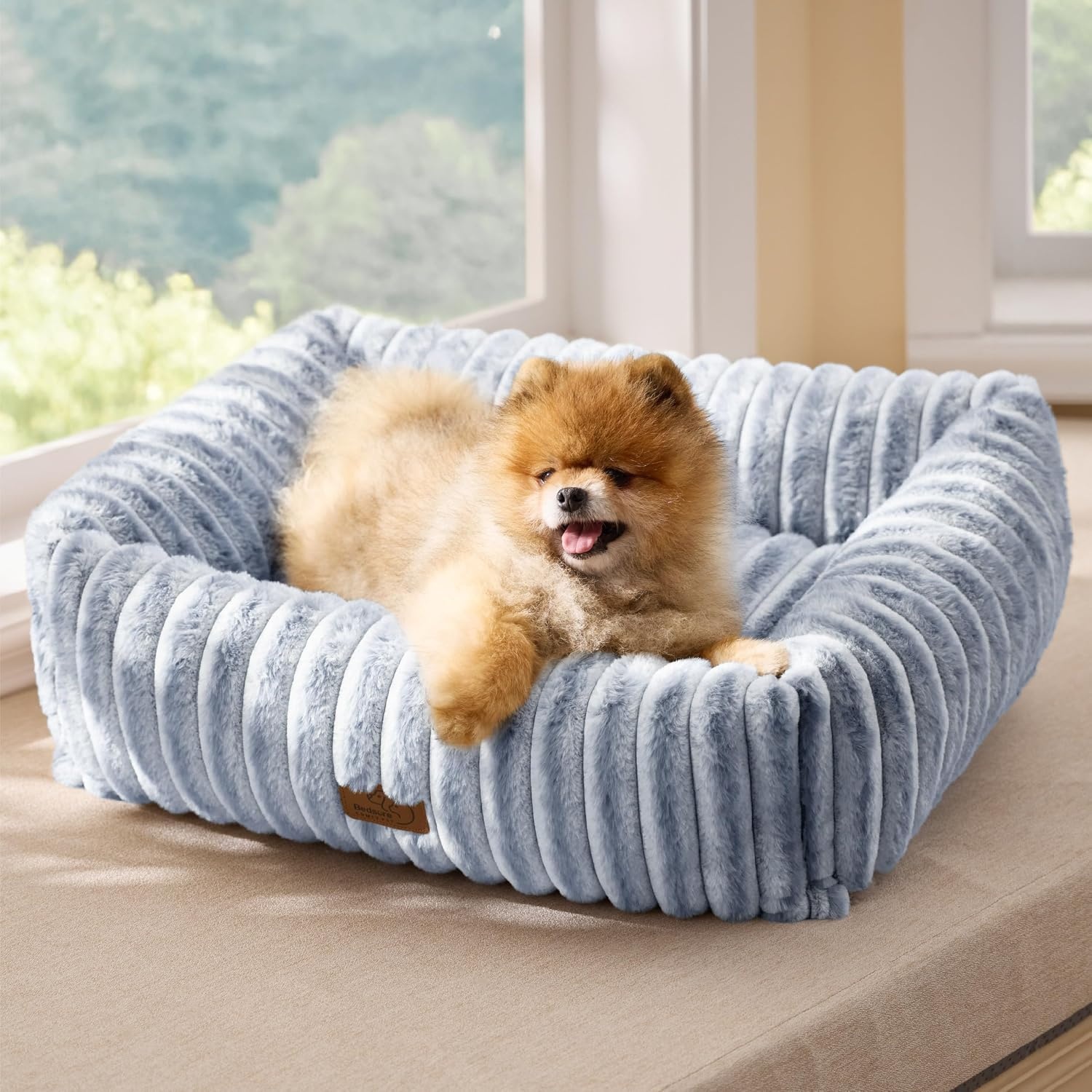 image:imageBedsure ComfyFleece Cute Dog Bed for Small Medium Dogs Washable25in Cream Furry Puppy BedsSquare Rectangle Orthopedic Corduroy Aesthetic Pet BedsRemovable Zipper CoverNonSlip BottomUp to 15 LbsBlue Indigo