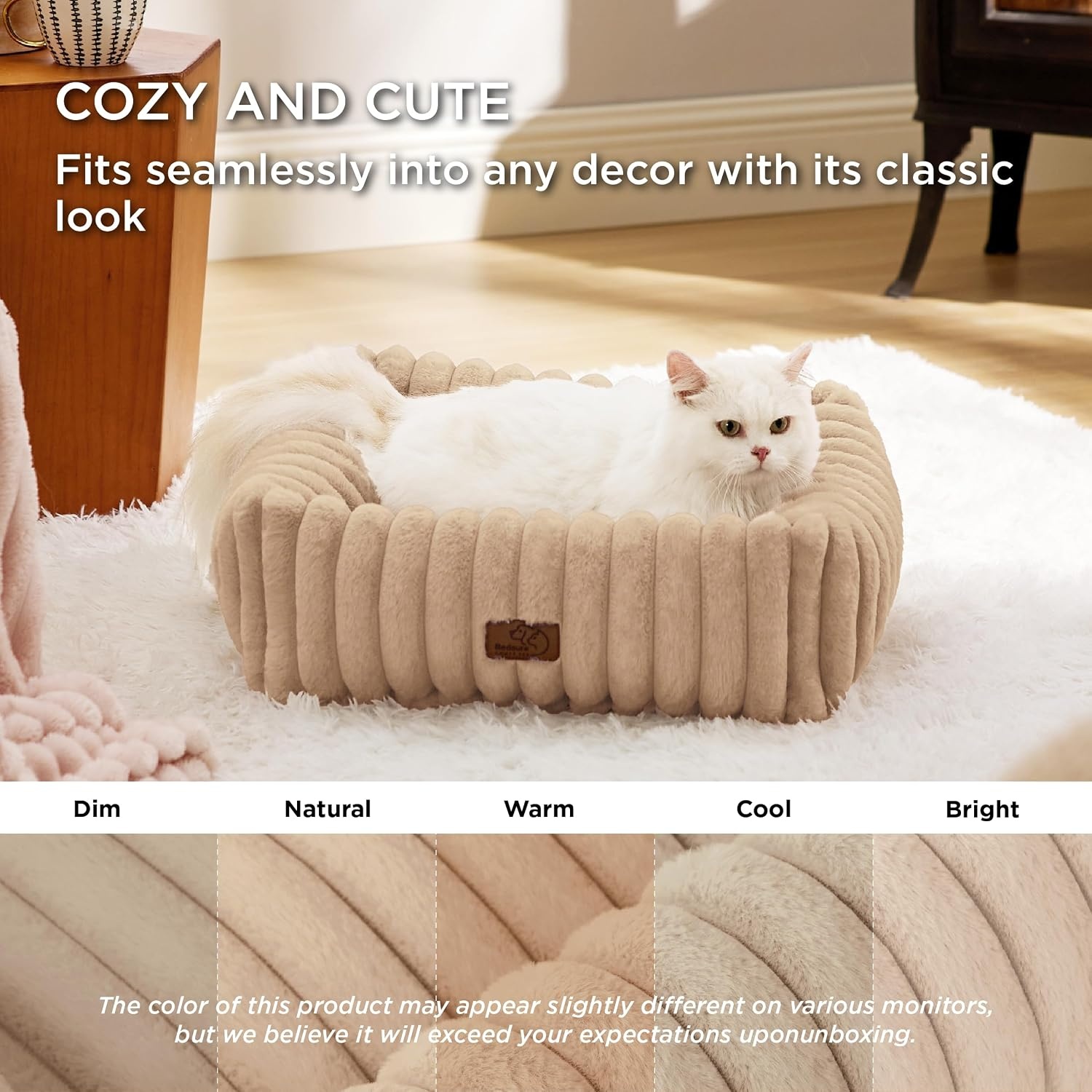 image:imageBedsure ComfyFleece Cute Dog Bed for Small Medium Dogs Washable25in Cream Furry Puppy BedsSquare Rectangle Orthopedic Corduroy Aesthetic Pet BedsRemovable Zipper CoverNonSlip BottomUp to 15 LbsSandy Beige