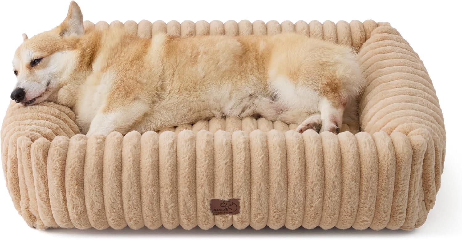 image:imageBedsure ComfyFleece Cute Dog Bed for Small Medium Dogs Washable25in Cream Furry Puppy BedsSquare Rectangle Orthopedic Corduroy Aesthetic Pet BedsRemovable Zipper CoverNonSlip BottomUp to 15 LbsSandy Beige