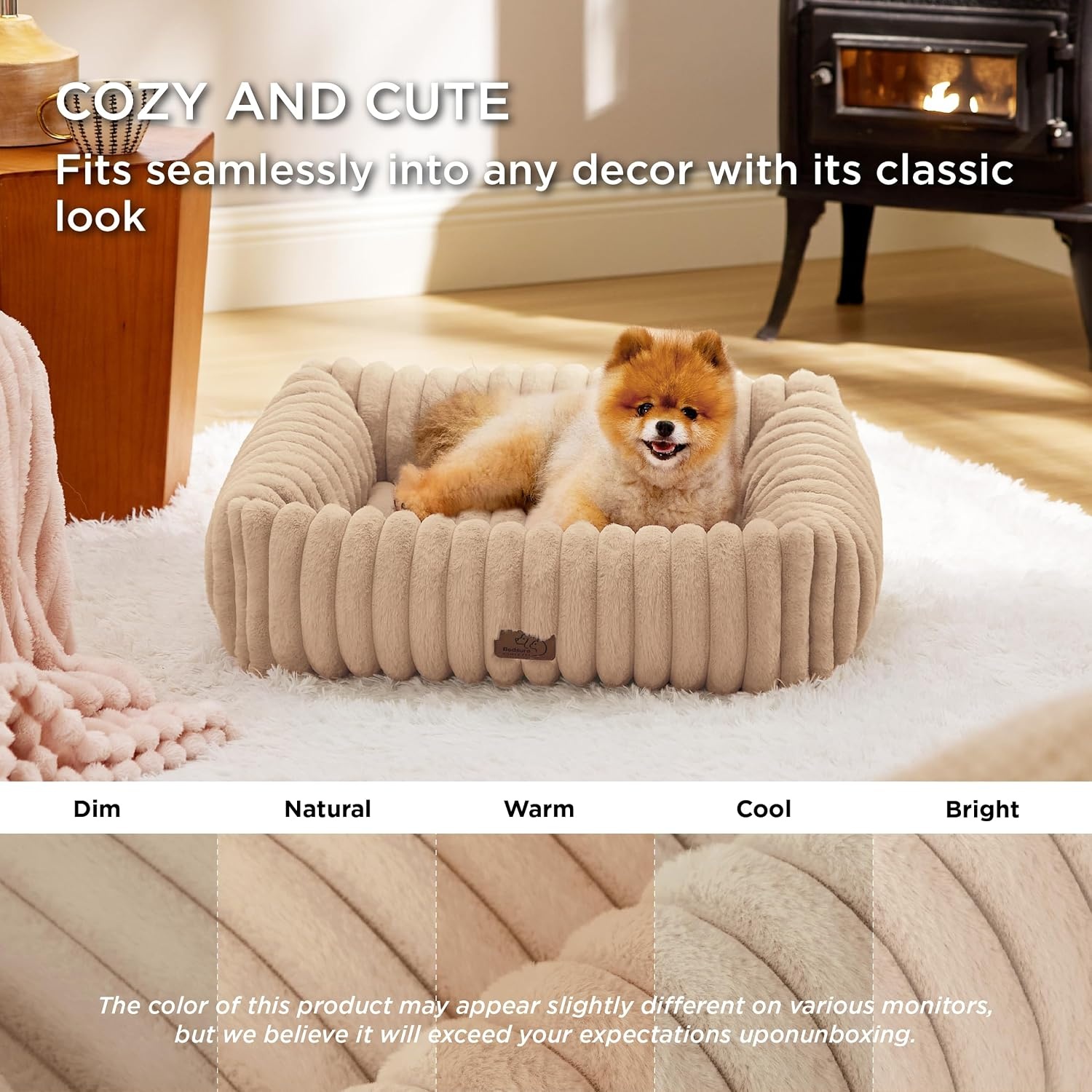 image:imageBedsure ComfyFleece Cute Dog Bed for Small Medium Dogs Washable25in Cream Furry Puppy BedsSquare Rectangle Orthopedic Corduroy Aesthetic Pet BedsRemovable Zipper CoverNonSlip BottomUp to 15 LbsSandy Beige
