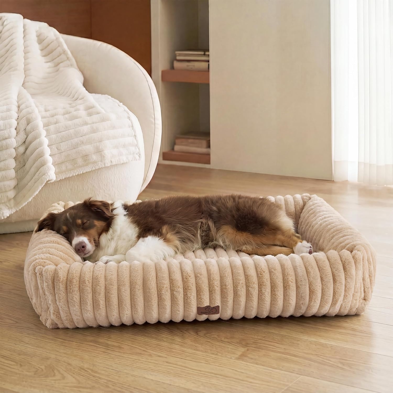image:imageBedsure ComfyFleece Cute Dog Bed for Small Medium Dogs Washable25in Cream Furry Puppy BedsSquare Rectangle Orthopedic Corduroy Aesthetic Pet BedsRemovable Zipper CoverNonSlip BottomUp to 15 LbsSandy Beige