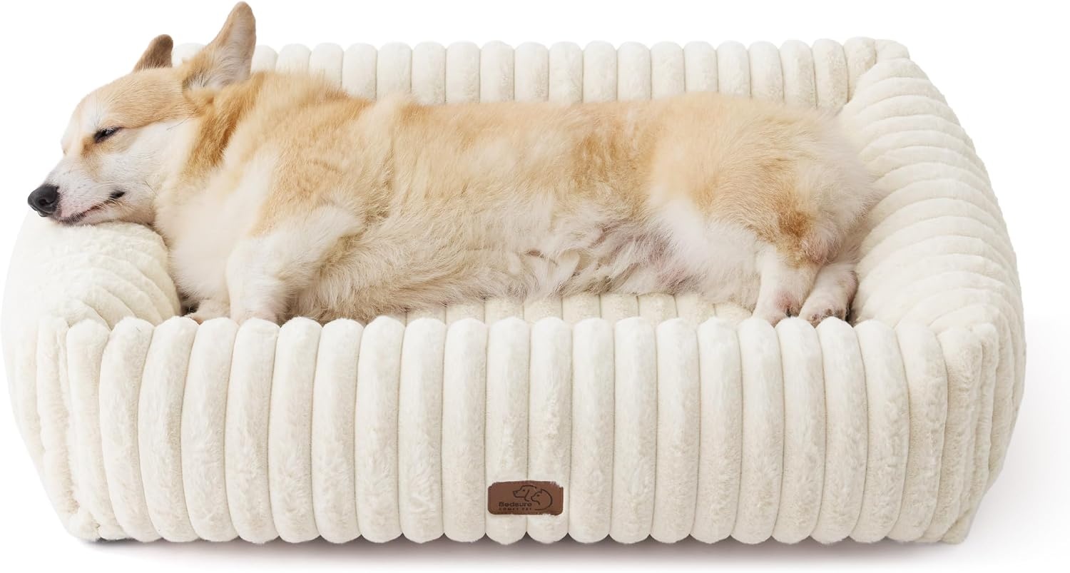 image:imageBedsure ComfyFleece Cute Dog Bed for Small Medium Dogs Washable25in Cream Furry Puppy BedsSquare Rectangle Orthopedic Corduroy Aesthetic Pet BedsRemovable Zipper CoverNonSlip BottomUp to 15 LbsCream