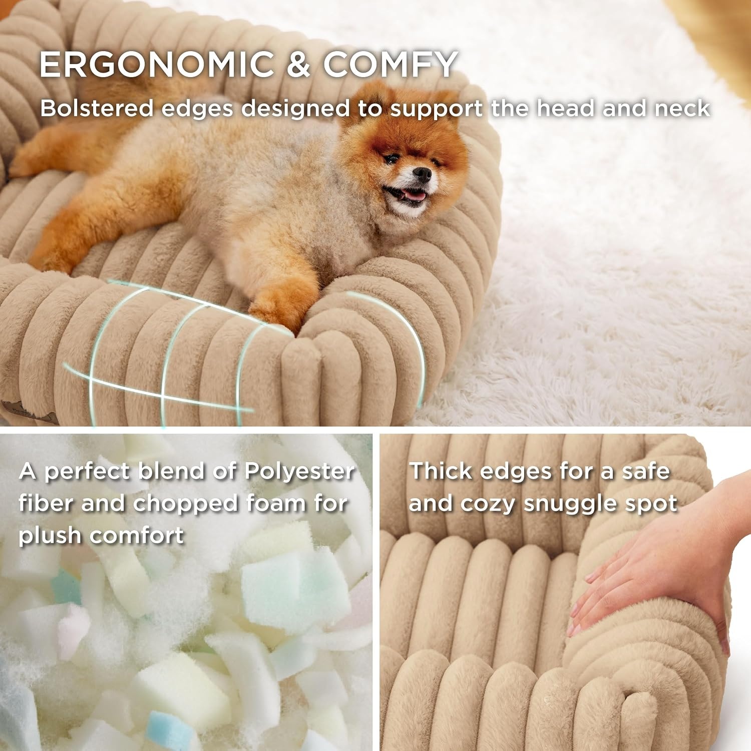 image:imageBedsure ComfyFleece Cute Dog Bed for Small Medium Dogs Washable25in Cream Furry Puppy BedsSquare Rectangle Orthopedic Corduroy Aesthetic Pet BedsRemovable Zipper CoverNonSlip BottomUp to 15 LbsSandy Beige