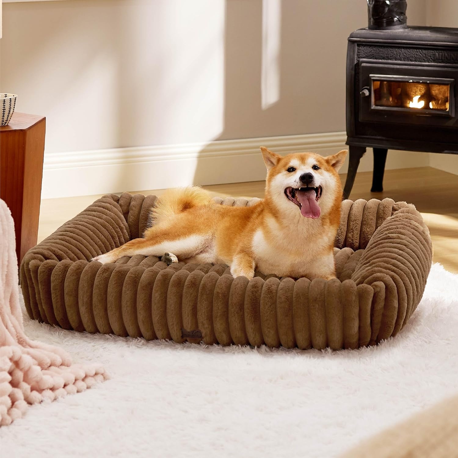 image:imageBedsure ComfyFleece Cute Dog Bed for Small Medium Dogs Washable25in Cream Furry Puppy BedsSquare Rectangle Orthopedic Corduroy Aesthetic Pet BedsRemovable Zipper CoverNonSlip BottomUp to 15 LbsCamel Brown