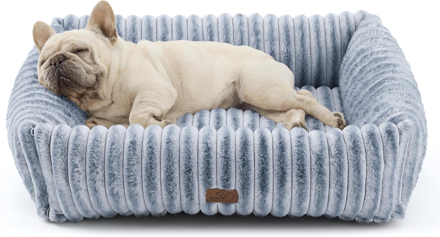 image:imageBedsure ComfyFleece Cute Dog Bed for Small Medium Dogs Washable25in Cream Furry Puppy BedsSquare Rectangle Orthopedic Corduroy Aesthetic Pet BedsRemovable Zipper CoverNonSlip BottomUp to 15 LbsBlue Indigo
