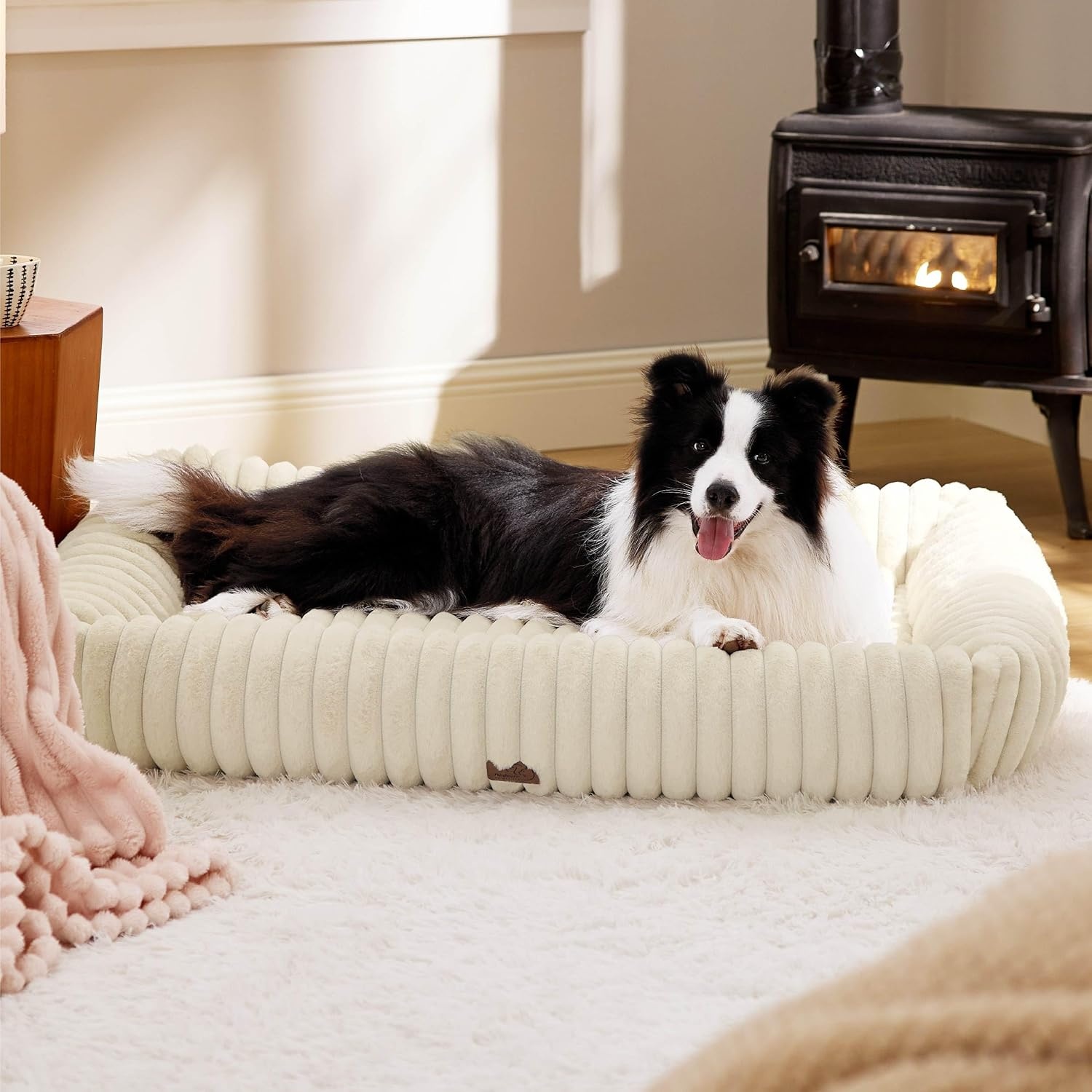 image:imageBedsure ComfyFleece Cute Dog Bed for Small Medium Dogs Washable25in Cream Furry Puppy BedsSquare Rectangle Orthopedic Corduroy Aesthetic Pet BedsRemovable Zipper CoverNonSlip BottomUp to 15 LbsCream
