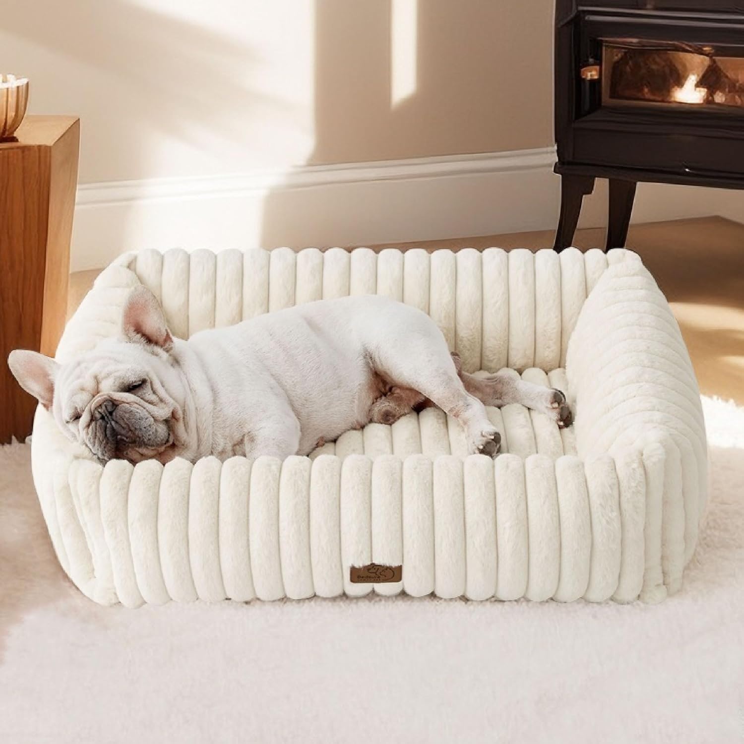 image:imageBedsure ComfyFleece Cute Dog Bed for Small Medium Dogs Washable25in Cream Furry Puppy BedsSquare Rectangle Orthopedic Corduroy Aesthetic Pet BedsRemovable Zipper CoverNonSlip BottomUp to 15 LbsCream