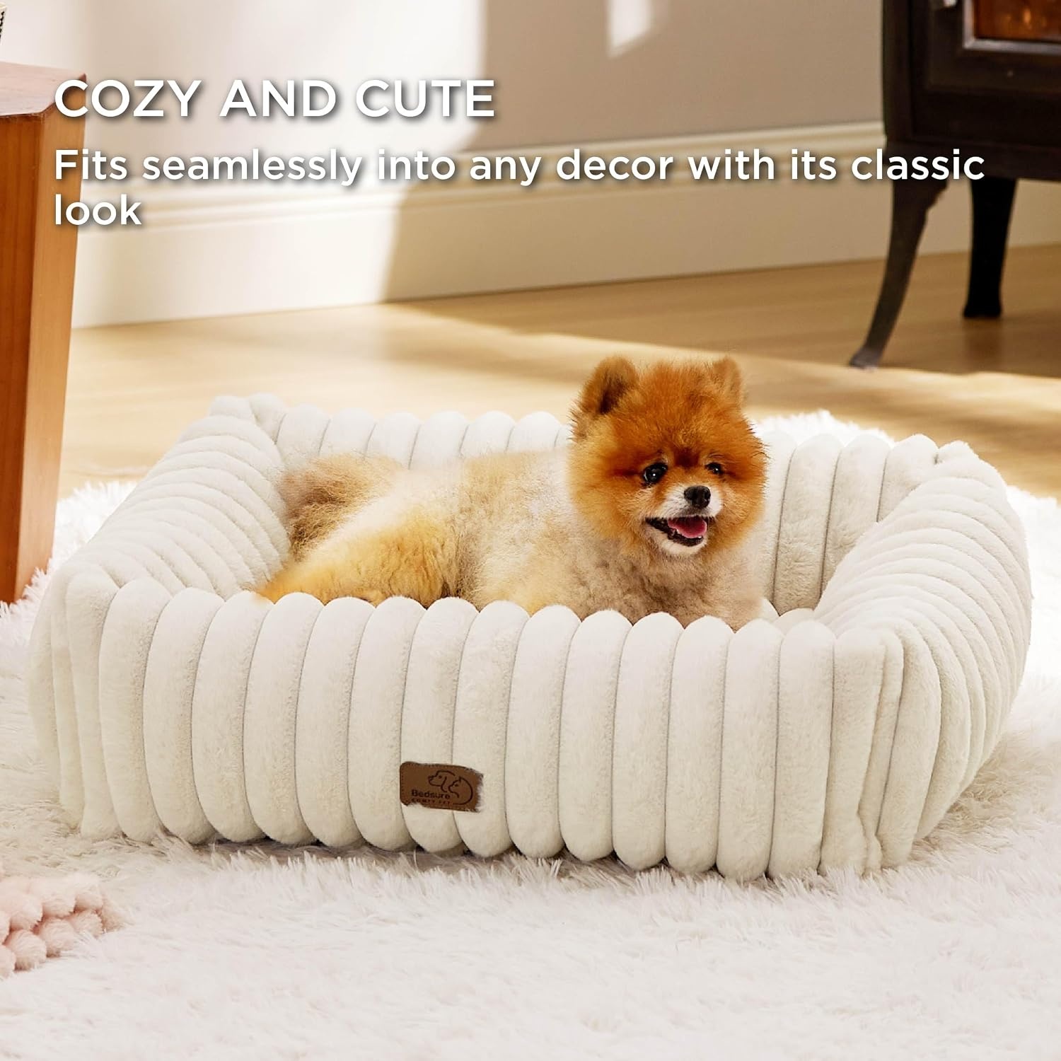 image:imageBedsure ComfyFleece Cute Dog Bed for Small Medium Dogs Washable25in Cream Furry Puppy BedsSquare Rectangle Orthopedic Corduroy Aesthetic Pet BedsRemovable Zipper CoverNonSlip BottomUp to 15 LbsCream