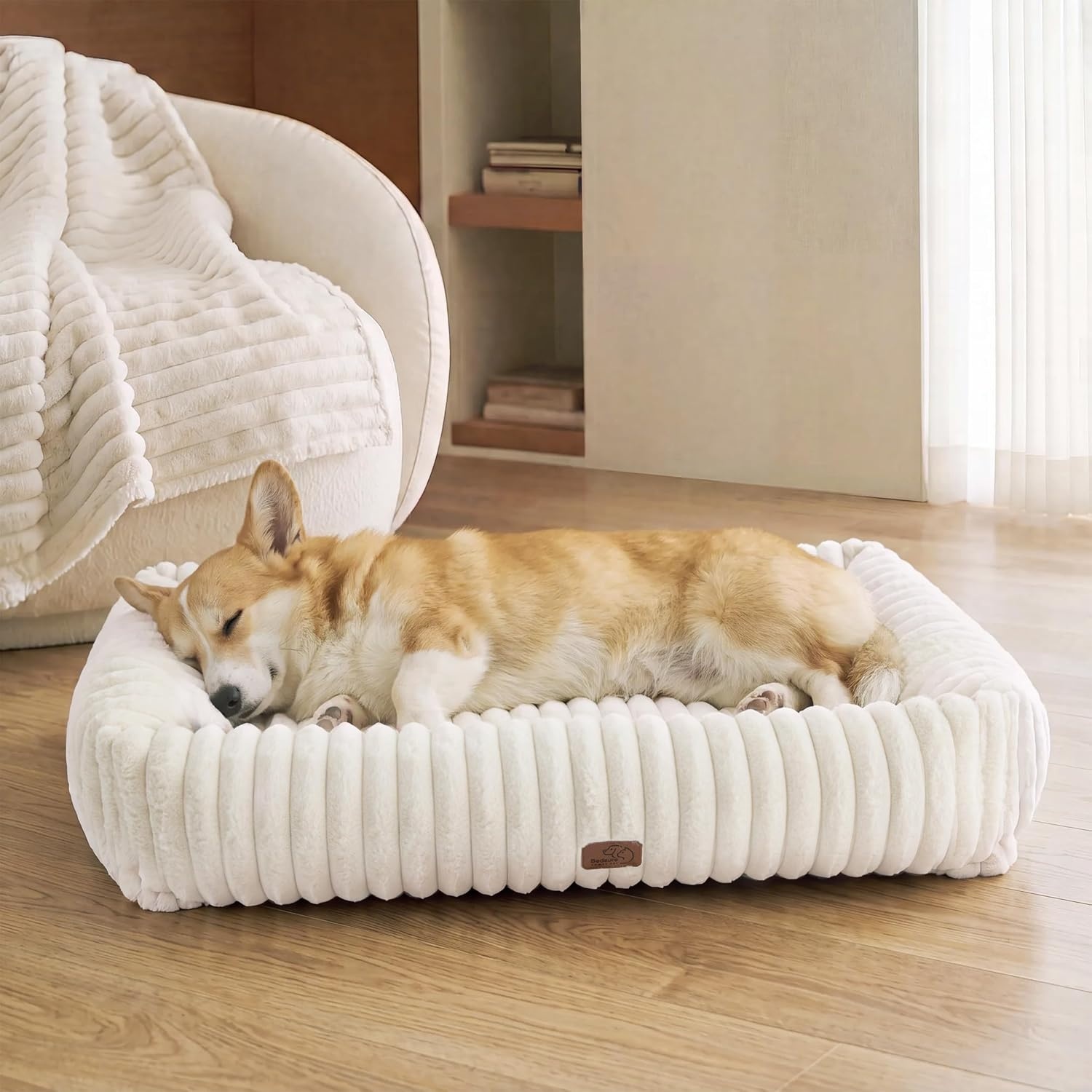 image:imageBedsure ComfyFleece Cute Dog Bed for Small Medium Dogs Washable25in Cream Furry Puppy BedsSquare Rectangle Orthopedic Corduroy Aesthetic Pet BedsRemovable Zipper CoverNonSlip BottomUp to 15 LbsCream