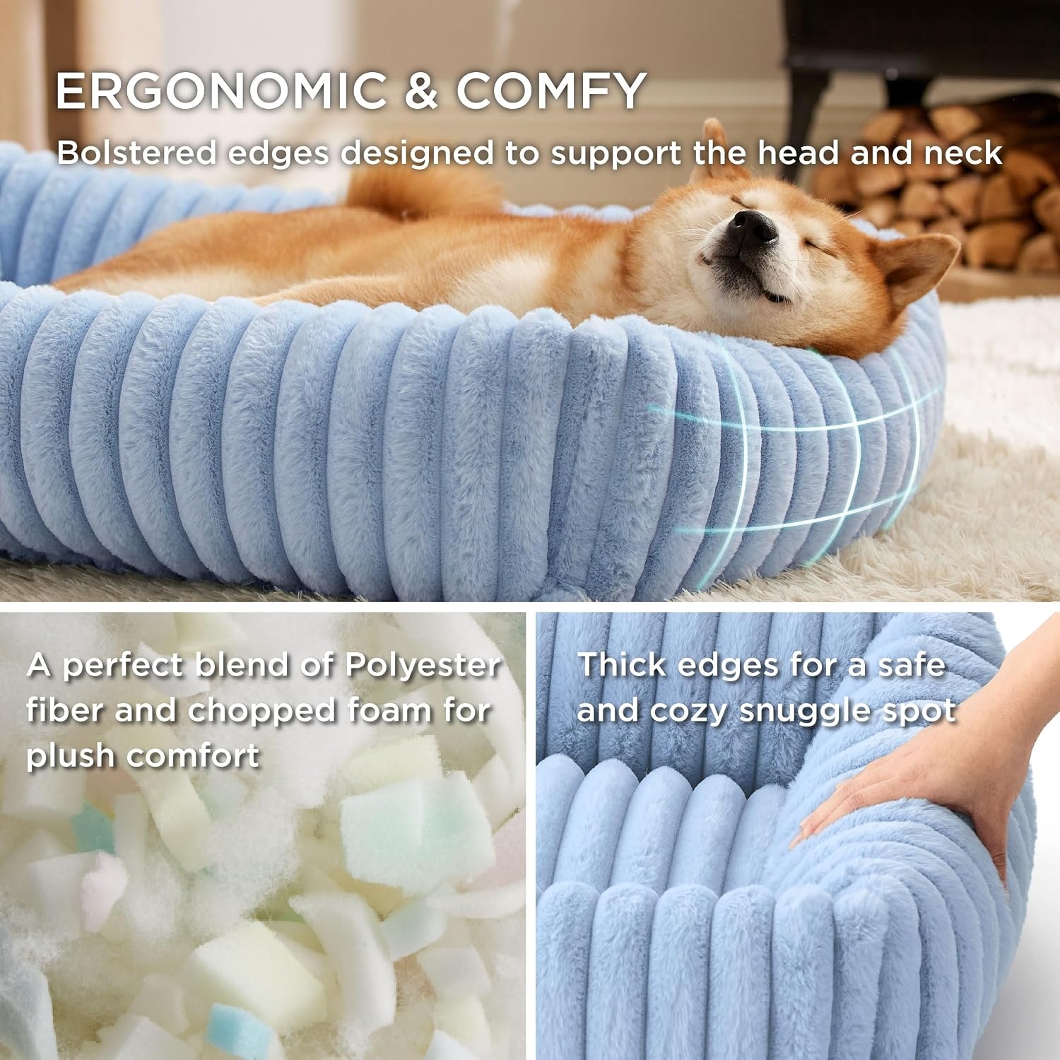 image:imageBedsure ComfyFleece Cute Dog Bed for Small Medium Dogs Washable25in Cream Furry Puppy BedsSquare Rectangle Orthopedic Corduroy Aesthetic Pet BedsRemovable Zipper CoverNonSlip BottomUp to 15 LbsBlue