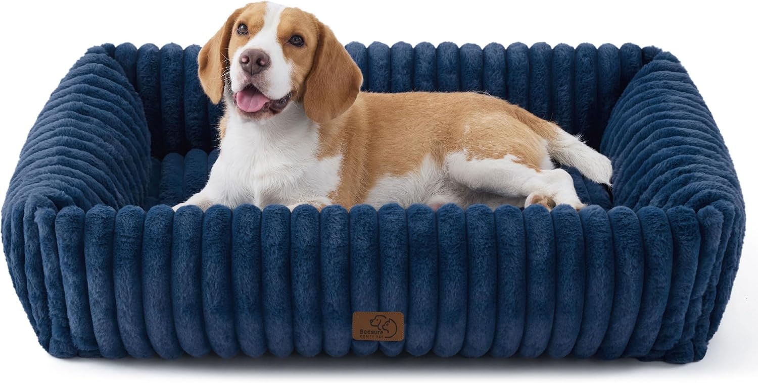 image:imageBedsure ComfyFleece Cute Dog Bed for Small Medium Dogs Washable25in Cream Furry Puppy BedsSquare Rectangle Orthopedic Corduroy Aesthetic Pet BedsRemovable Zipper CoverNonSlip BottomUp to 15 LbsNight Blue
