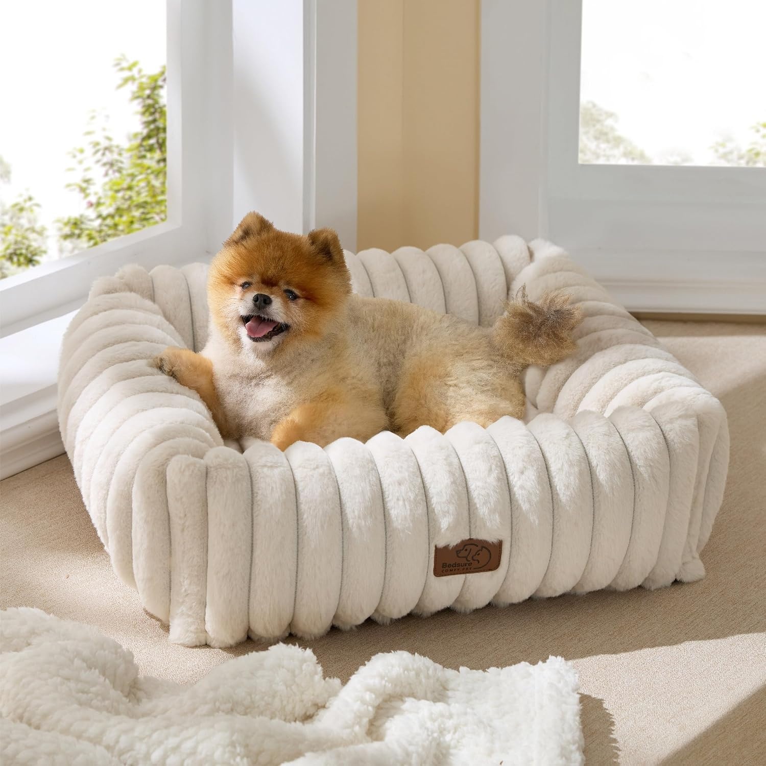 image:imageBedsure ComfyFleece Cute Dog Bed for Small Medium Dogs Washable25in Cream Furry Puppy BedsSquare Rectangle Orthopedic Corduroy Aesthetic Pet BedsRemovable Zipper CoverNonSlip BottomUp to 15 LbsCream