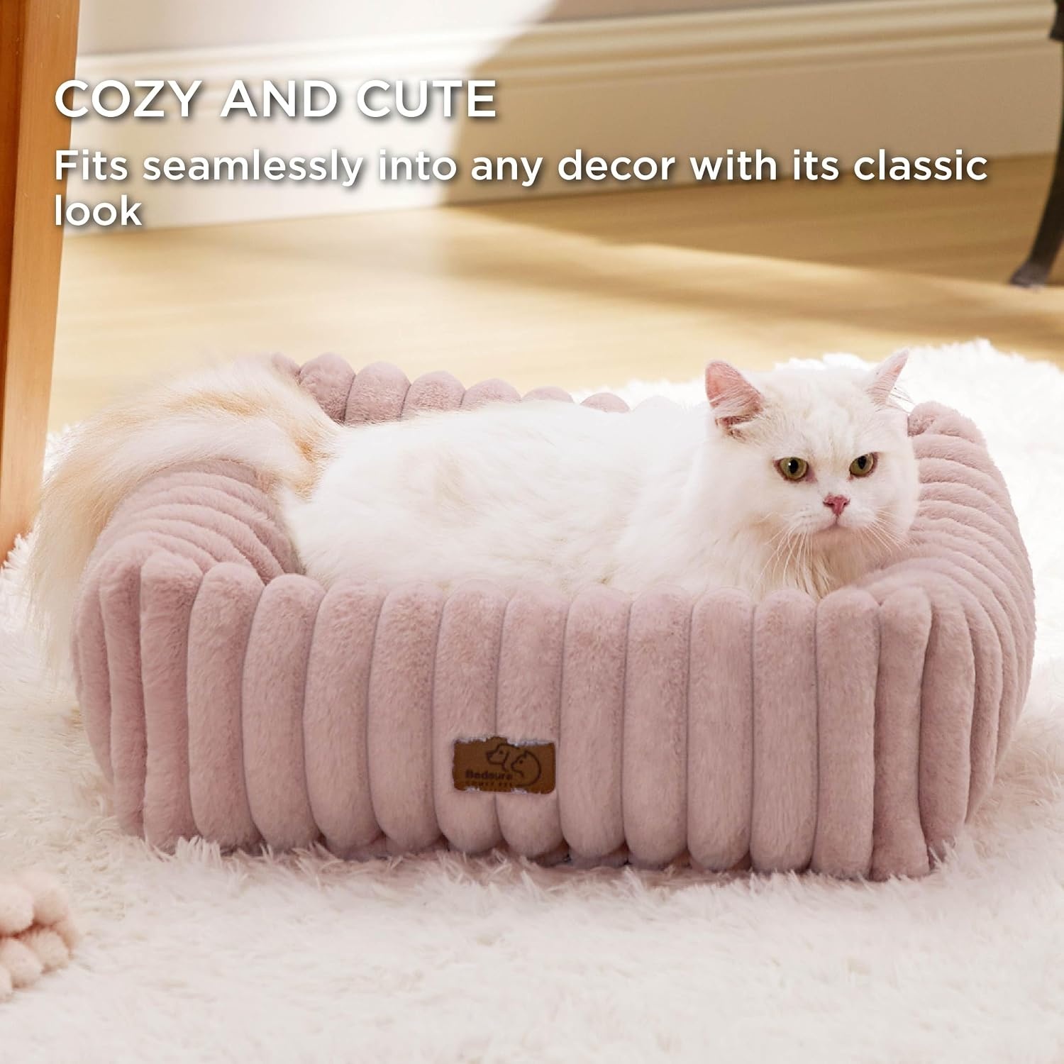 image:imageBedsure ComfyFleece Cute Dog Bed for Small Medium Dogs Washable25in Cream Furry Puppy BedsSquare Rectangle Orthopedic Corduroy Aesthetic Pet BedsRemovable Zipper CoverNonSlip BottomUp to 15 LbsBlush Pink