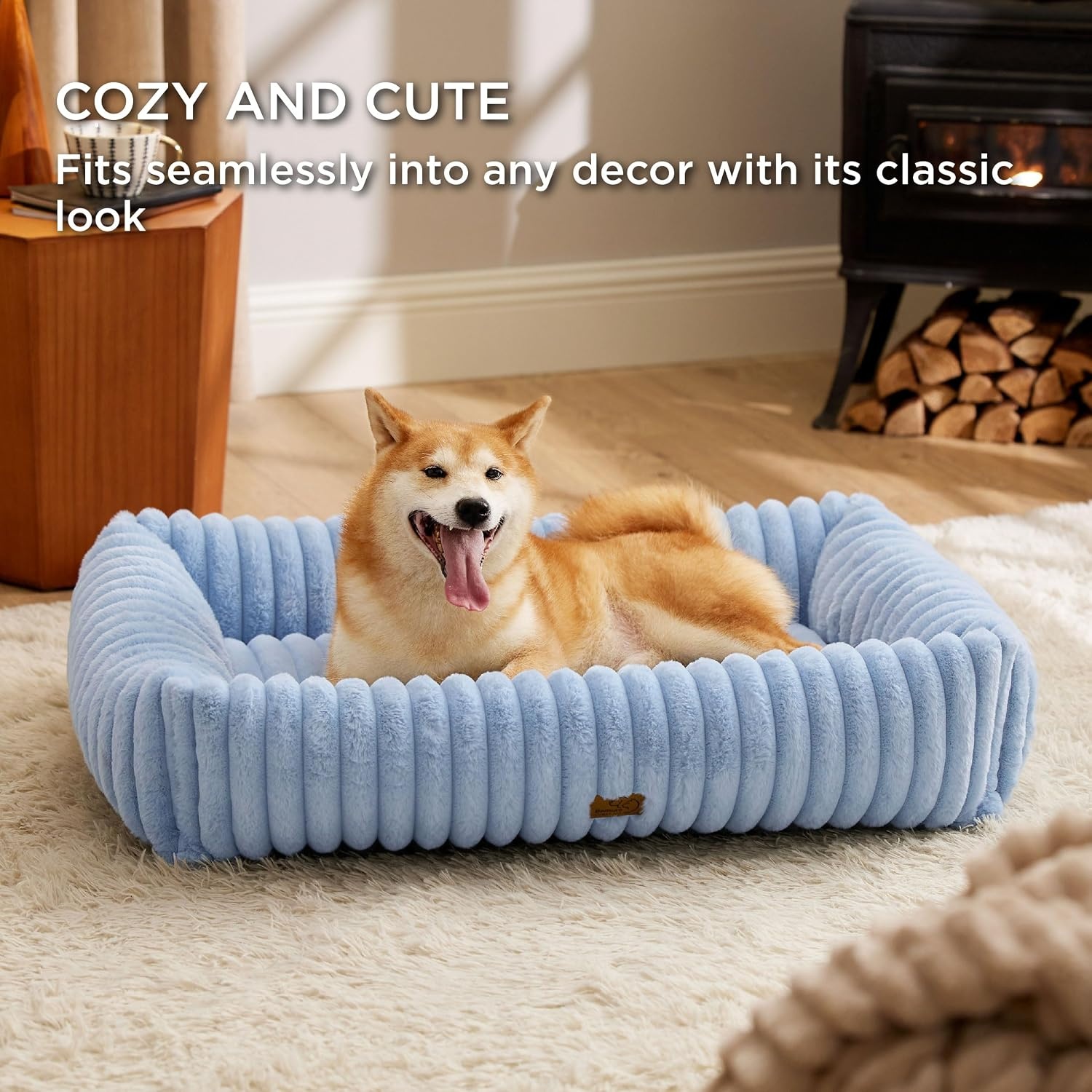 image:imageBedsure ComfyFleece Cute Dog Bed for Small Medium Dogs Washable25in Cream Furry Puppy BedsSquare Rectangle Orthopedic Corduroy Aesthetic Pet BedsRemovable Zipper CoverNonSlip BottomUp to 15 LbsBlue