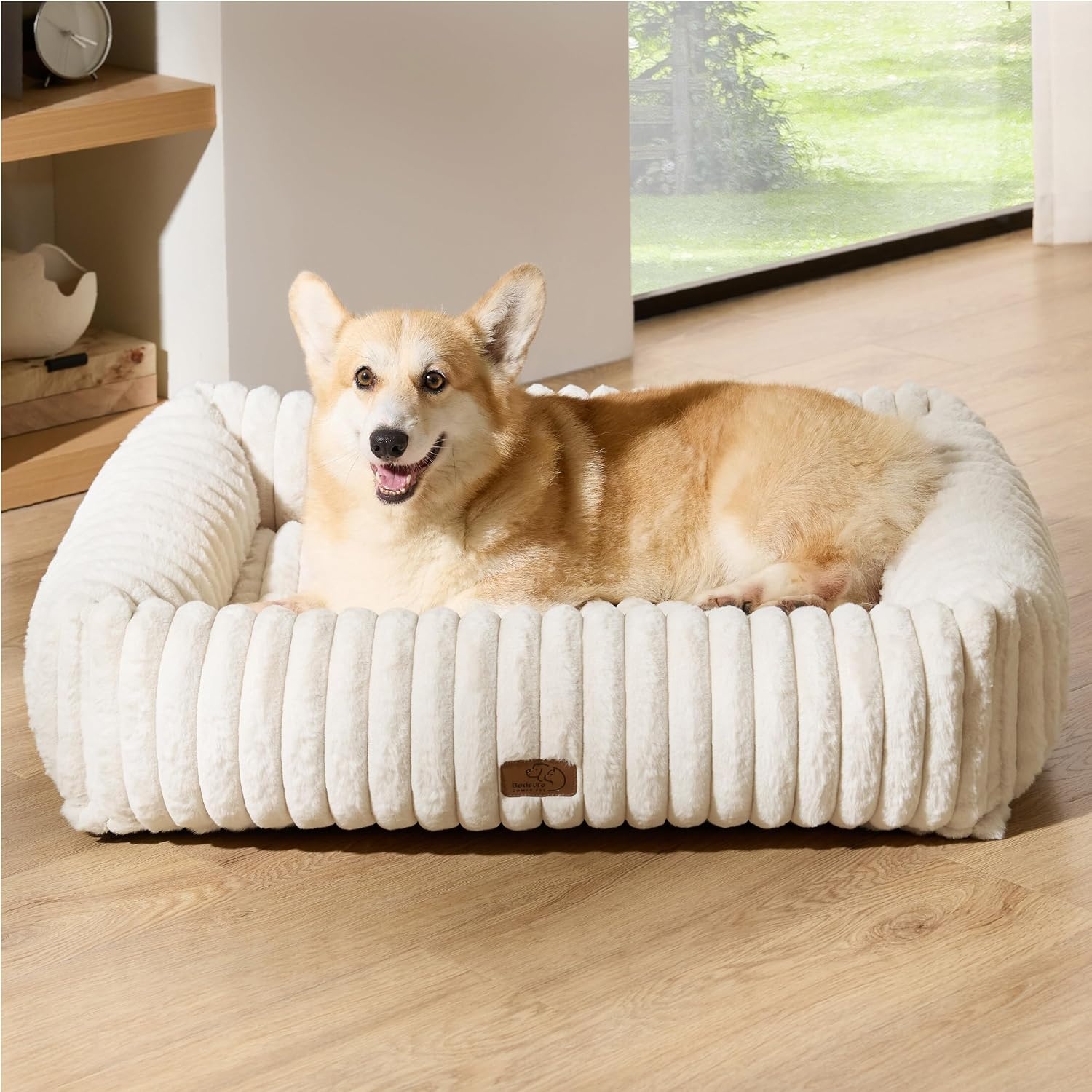image:imageBedsure ComfyFleece Cute Dog Bed for Small Medium Dogs Washable25in Cream Furry Puppy BedsSquare Rectangle Orthopedic Corduroy Aesthetic Pet BedsRemovable Zipper CoverNonSlip BottomUp to 15 LbsCream