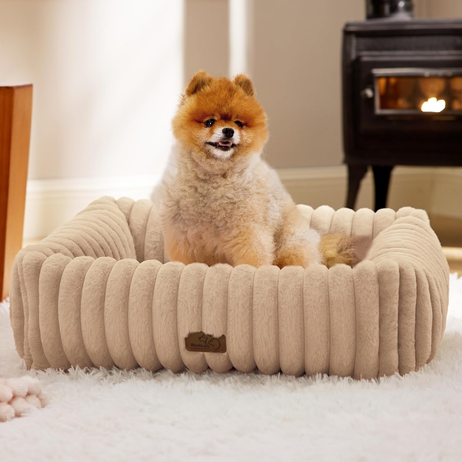 image:imageBedsure ComfyFleece Cute Dog Bed for Small Medium Dogs Washable25in Cream Furry Puppy BedsSquare Rectangle Orthopedic Corduroy Aesthetic Pet BedsRemovable Zipper CoverNonSlip BottomUp to 15 LbsSandy Beige