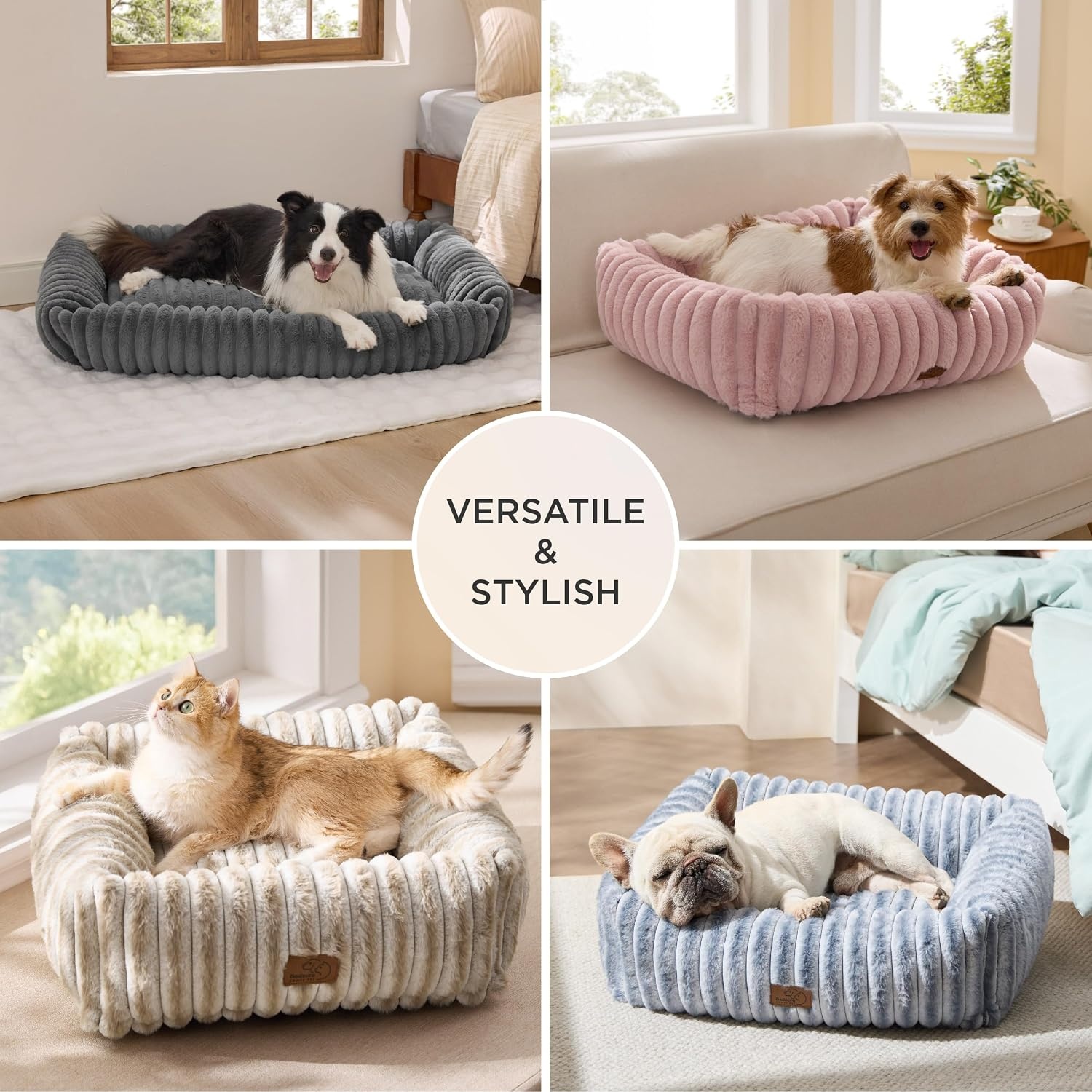 image:imageBedsure ComfyFleece Cute Dog Bed for Small Medium Dogs Washable25in Cream Furry Puppy BedsSquare Rectangle Orthopedic Corduroy Aesthetic Pet BedsRemovable Zipper CoverNonSlip BottomUp to 15 LbsBlue Indigo