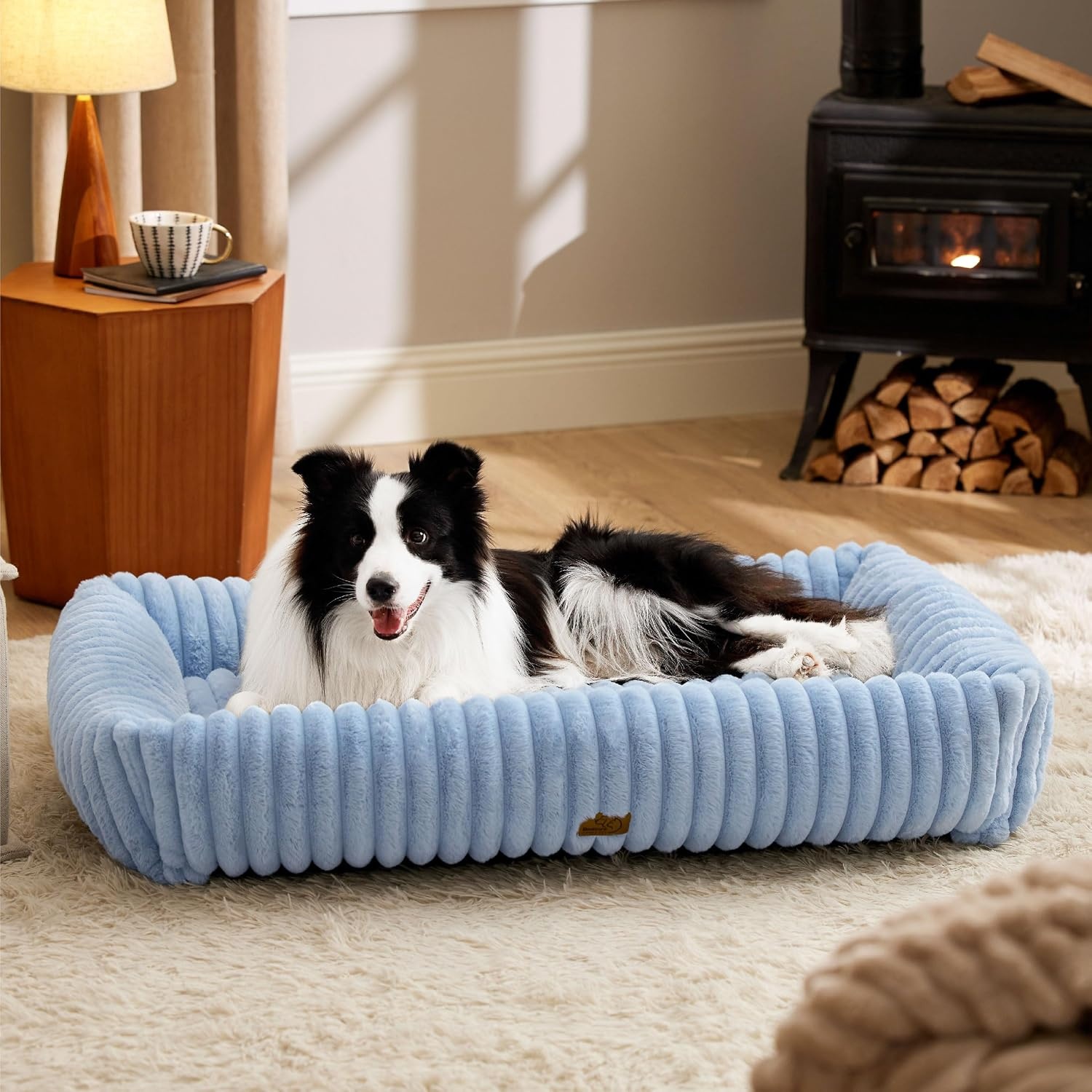 image:imageBedsure ComfyFleece Cute Dog Bed for Small Medium Dogs Washable25in Cream Furry Puppy BedsSquare Rectangle Orthopedic Corduroy Aesthetic Pet BedsRemovable Zipper CoverNonSlip BottomUp to 15 LbsBlue
