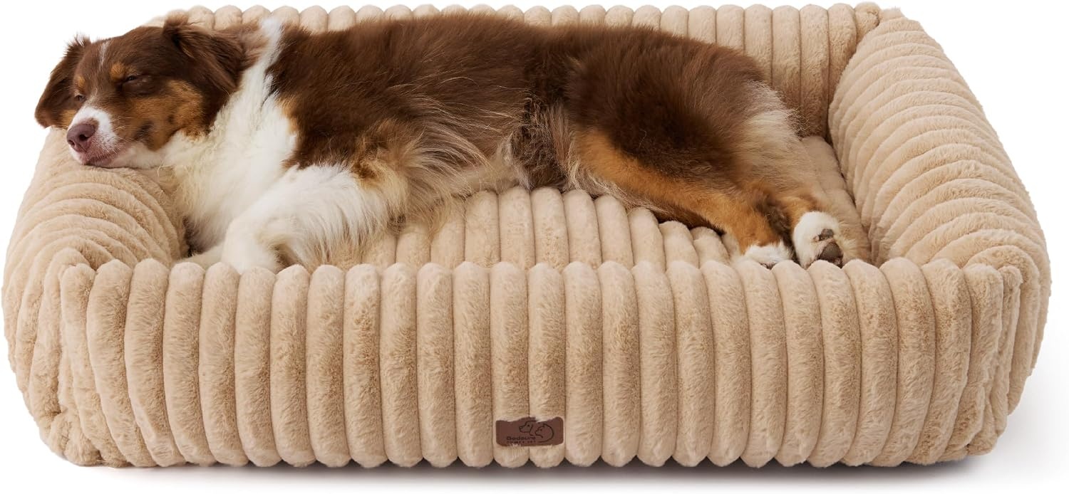 image:imageBedsure ComfyFleece Cute Dog Bed for Small Medium Dogs Washable25in Cream Furry Puppy BedsSquare Rectangle Orthopedic Corduroy Aesthetic Pet BedsRemovable Zipper CoverNonSlip BottomUp to 15 LbsSandy Beige