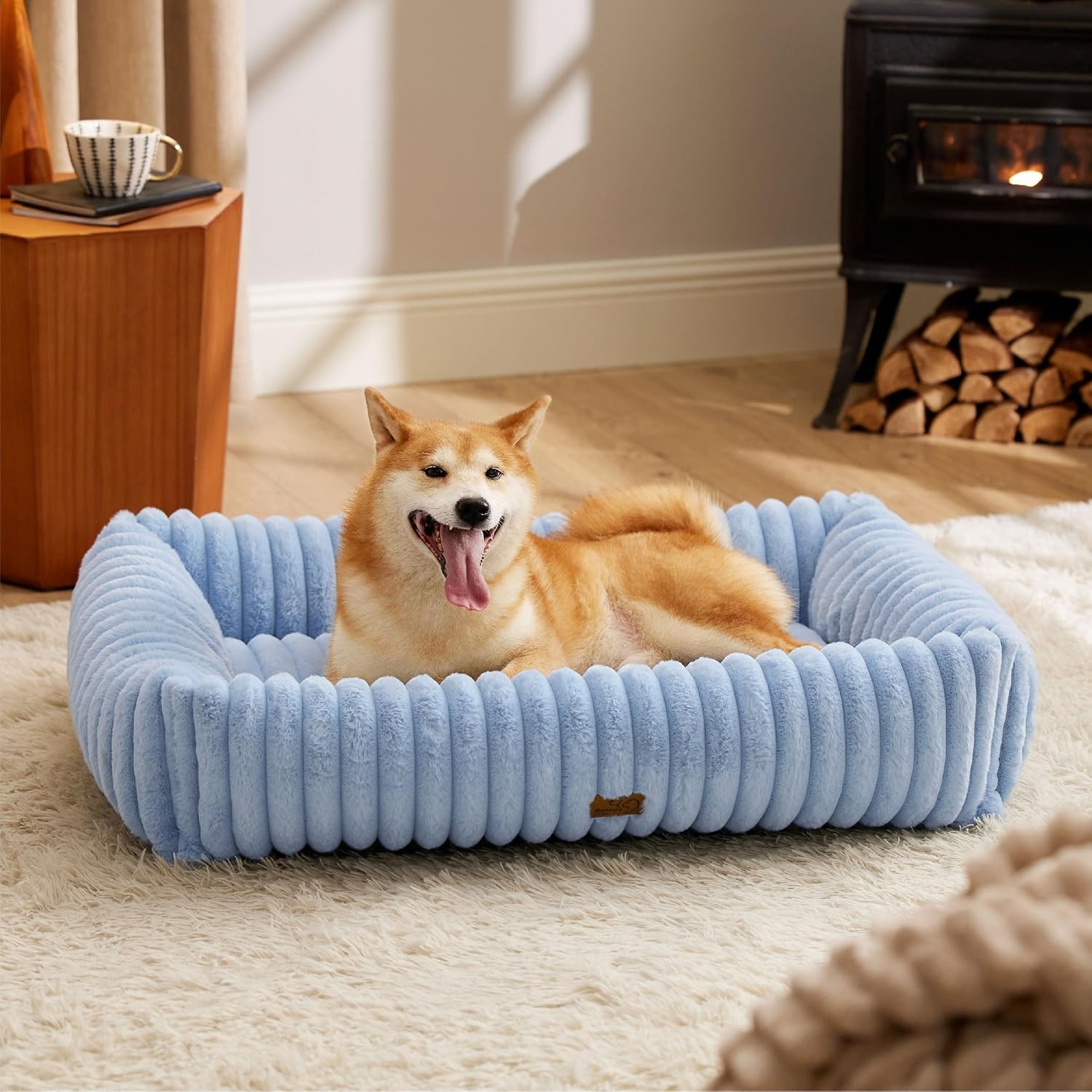 image:imageBedsure ComfyFleece Cute Dog Bed for Small Medium Dogs Washable25in Cream Furry Puppy BedsSquare Rectangle Orthopedic Corduroy Aesthetic Pet BedsRemovable Zipper CoverNonSlip BottomUp to 15 LbsBlue
