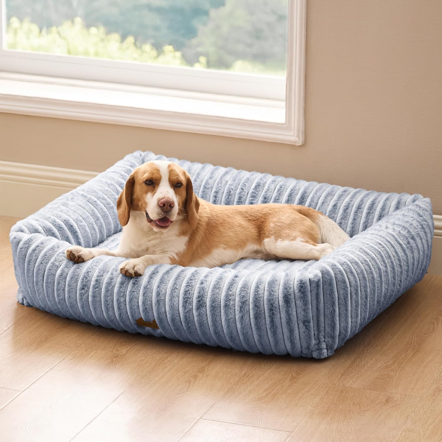 image:imageBedsure ComfyFleece Cute Dog Bed for Small Medium Dogs Washable25in Cream Furry Puppy BedsSquare Rectangle Orthopedic Corduroy Aesthetic Pet BedsRemovable Zipper CoverNonSlip BottomUp to 15 LbsBlue Indigo
