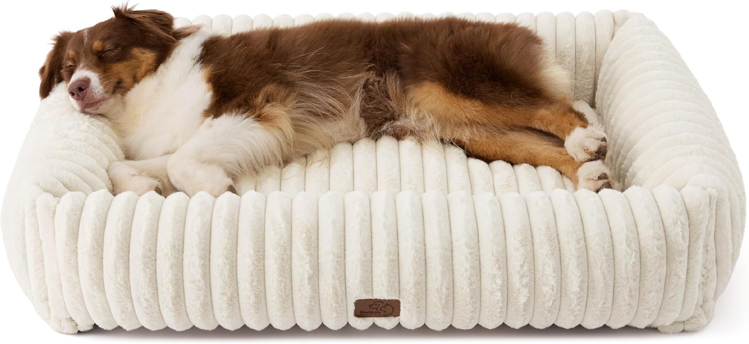image:imageBedsure ComfyFleece Cute Dog Bed for Small Medium Dogs Washable25in Cream Furry Puppy BedsSquare Rectangle Orthopedic Corduroy Aesthetic Pet BedsRemovable Zipper CoverNonSlip BottomUp to 15 LbsCream