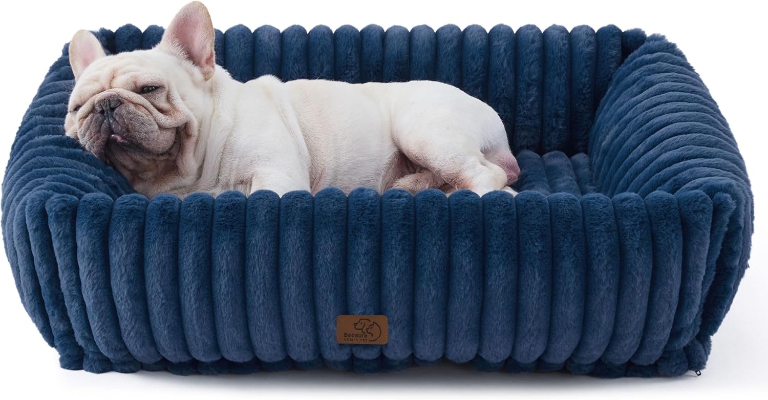 image:imageBedsure ComfyFleece Cute Dog Bed for Small Medium Dogs Washable25in Cream Furry Puppy BedsSquare Rectangle Orthopedic Corduroy Aesthetic Pet BedsRemovable Zipper CoverNonSlip BottomUp to 15 LbsNight Blue