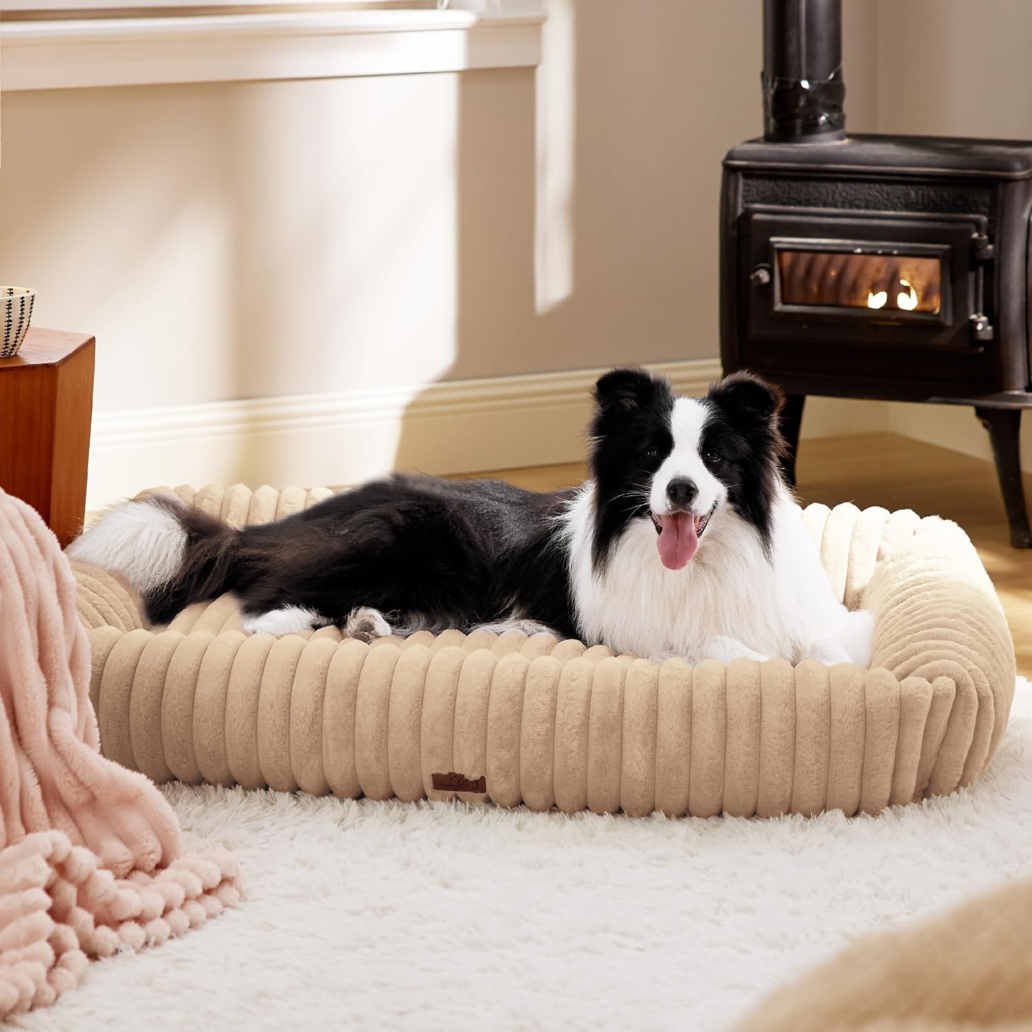 image:imageBedsure ComfyFleece Cute Dog Bed for Small Medium Dogs Washable25in Cream Furry Puppy BedsSquare Rectangle Orthopedic Corduroy Aesthetic Pet BedsRemovable Zipper CoverNonSlip BottomUp to 15 LbsSandy Beige