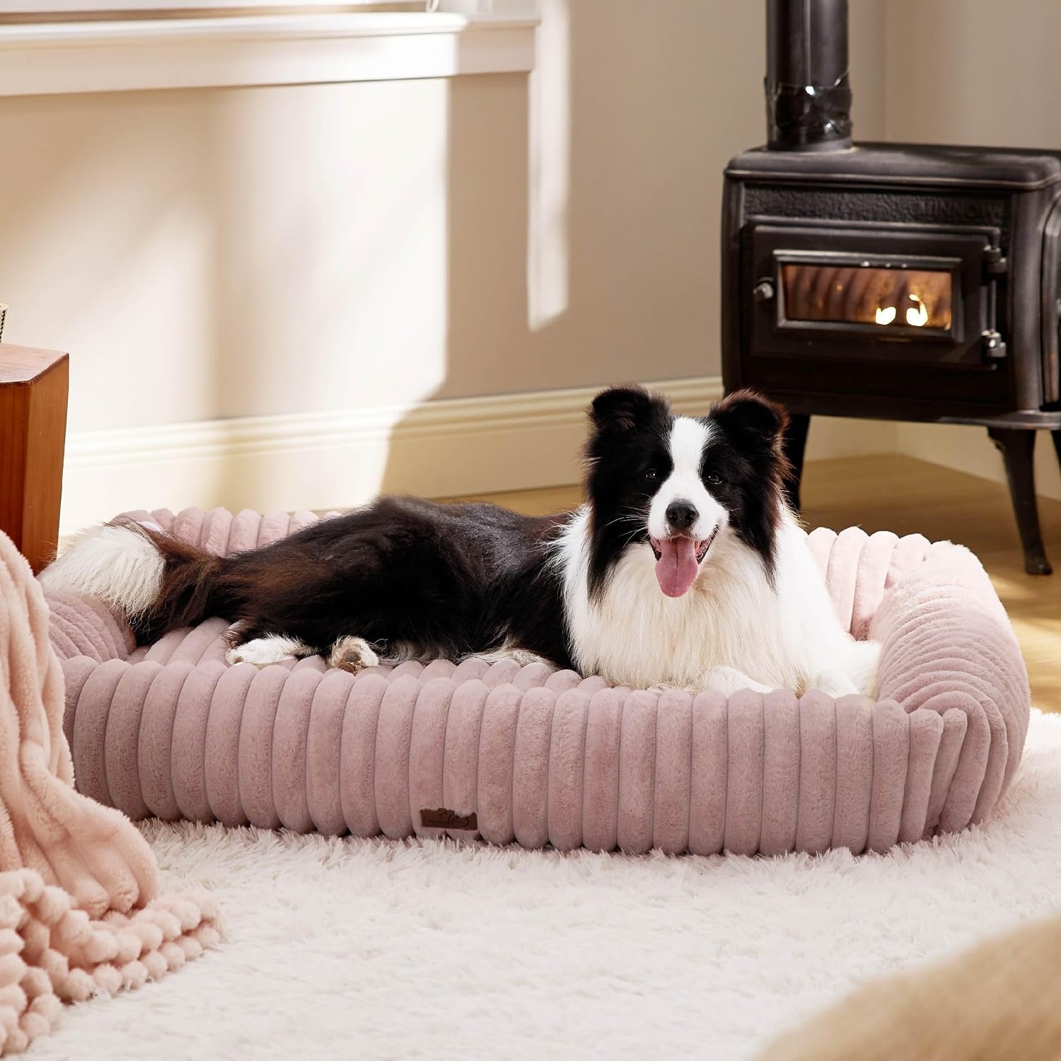 image:imageBedsure ComfyFleece Cute Dog Bed for Small Medium Dogs Washable25in Cream Furry Puppy BedsSquare Rectangle Orthopedic Corduroy Aesthetic Pet BedsRemovable Zipper CoverNonSlip BottomUp to 15 LbsBlush Pink