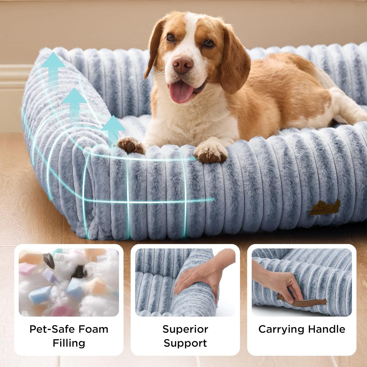 image:imageBedsure ComfyFleece Cute Dog Bed for Small Medium Dogs Washable25in Cream Furry Puppy BedsSquare Rectangle Orthopedic Corduroy Aesthetic Pet BedsRemovable Zipper CoverNonSlip BottomUp to 15 LbsBlue Indigo