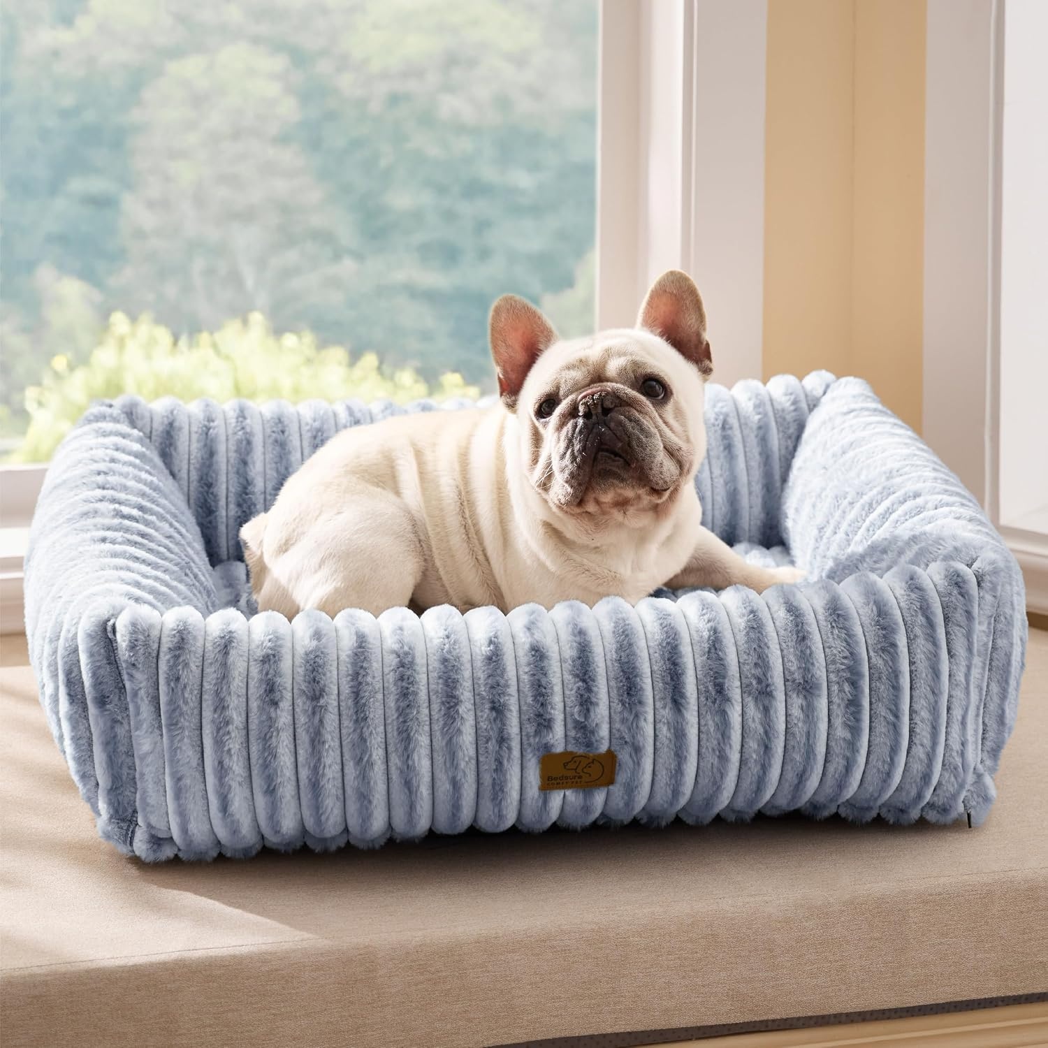 image:imageBedsure ComfyFleece Cute Dog Bed for Small Medium Dogs Washable25in Cream Furry Puppy BedsSquare Rectangle Orthopedic Corduroy Aesthetic Pet BedsRemovable Zipper CoverNonSlip BottomUp to 15 LbsBlue Indigo
