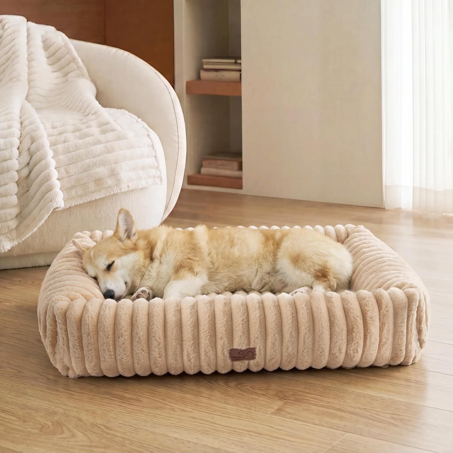 image:imageBedsure ComfyFleece Cute Dog Bed for Small Medium Dogs Washable25in Cream Furry Puppy BedsSquare Rectangle Orthopedic Corduroy Aesthetic Pet BedsRemovable Zipper CoverNonSlip BottomUp to 15 LbsSandy Beige
