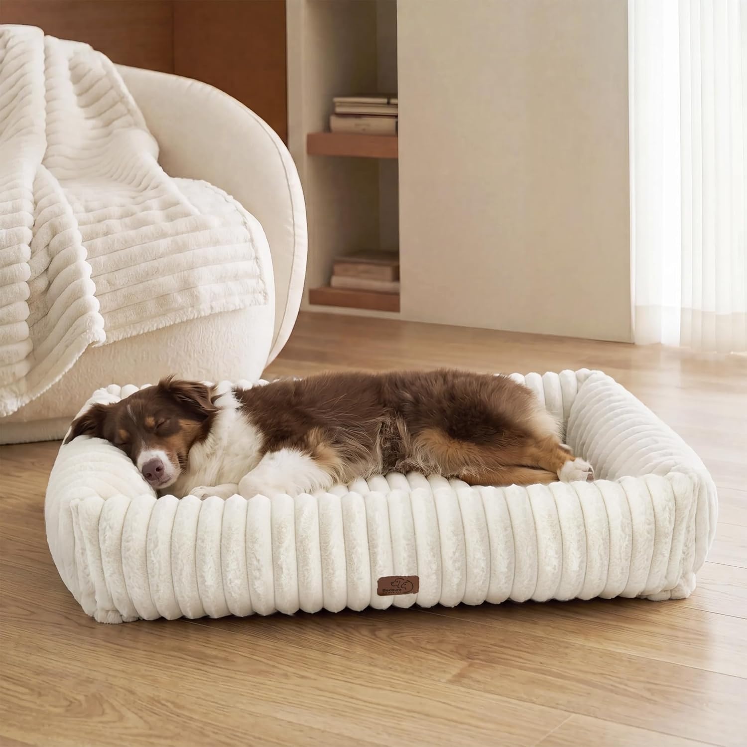 image:imageBedsure ComfyFleece Cute Dog Bed for Small Medium Dogs Washable25in Cream Furry Puppy BedsSquare Rectangle Orthopedic Corduroy Aesthetic Pet BedsRemovable Zipper CoverNonSlip BottomUp to 15 LbsCream