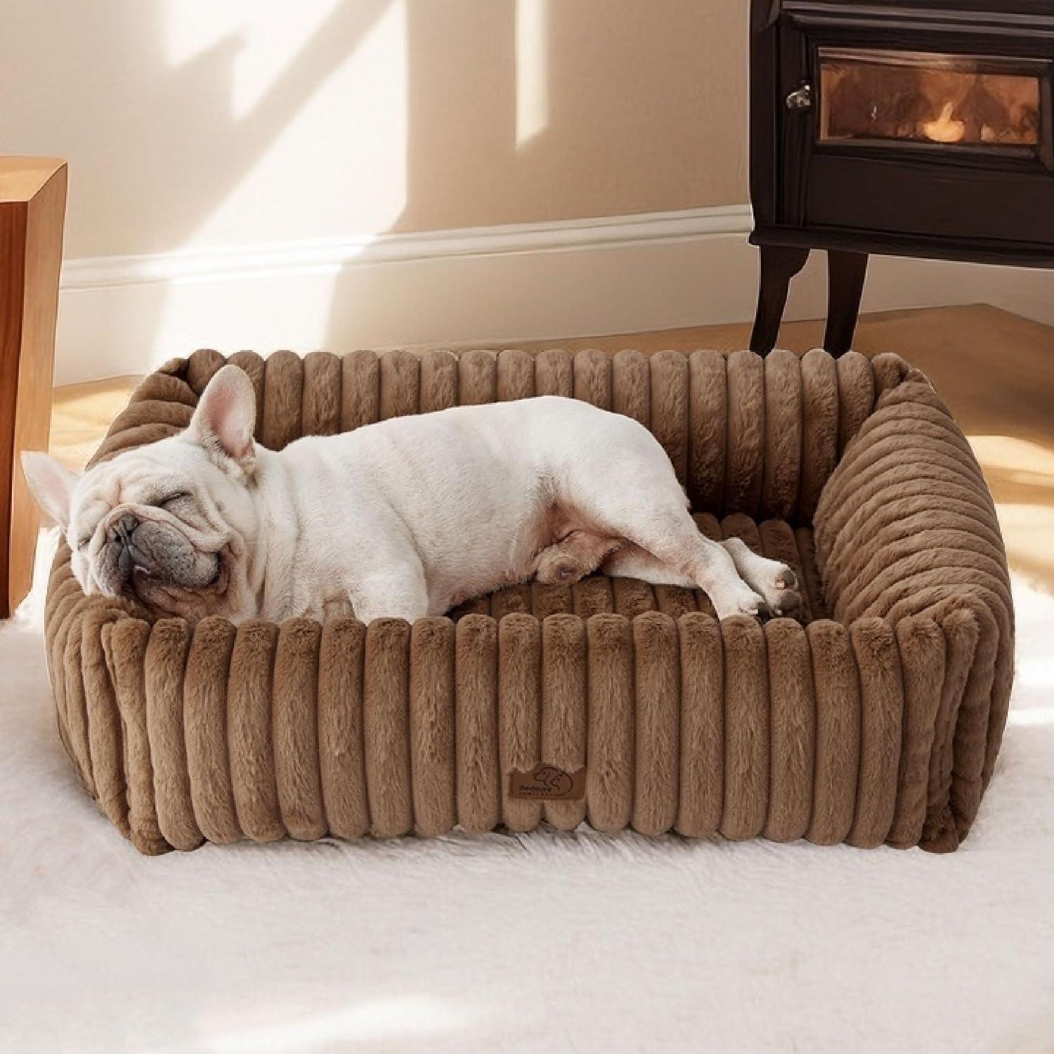 image:imageBedsure ComfyFleece Cute Dog Bed for Small Medium Dogs Washable25in Cream Furry Puppy BedsSquare Rectangle Orthopedic Corduroy Aesthetic Pet BedsRemovable Zipper CoverNonSlip BottomUp to 15 LbsCamel Brown