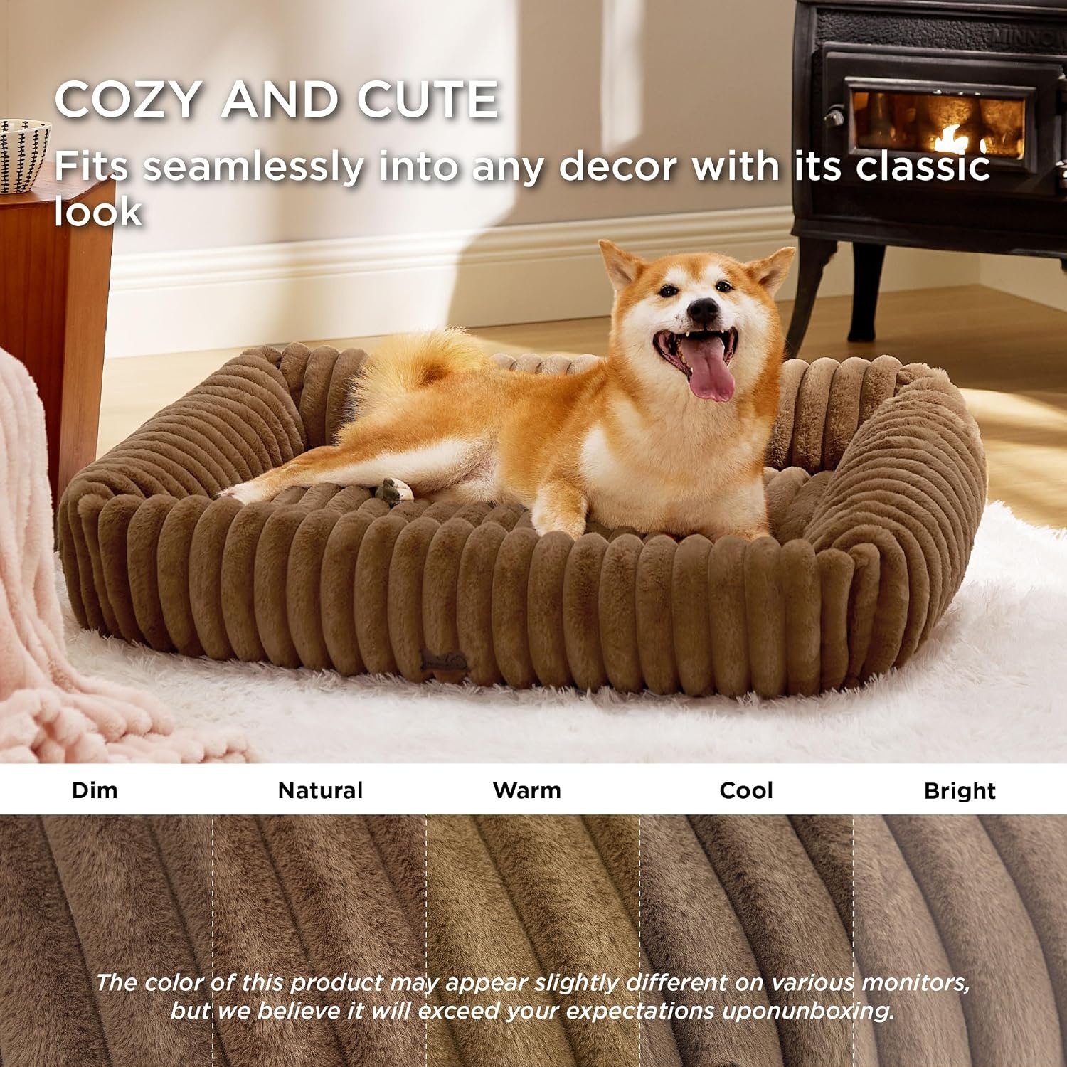 image:imageBedsure ComfyFleece Cute Dog Bed for Small Medium Dogs Washable25in Cream Furry Puppy BedsSquare Rectangle Orthopedic Corduroy Aesthetic Pet BedsRemovable Zipper CoverNonSlip BottomUp to 15 LbsCamel Brown
