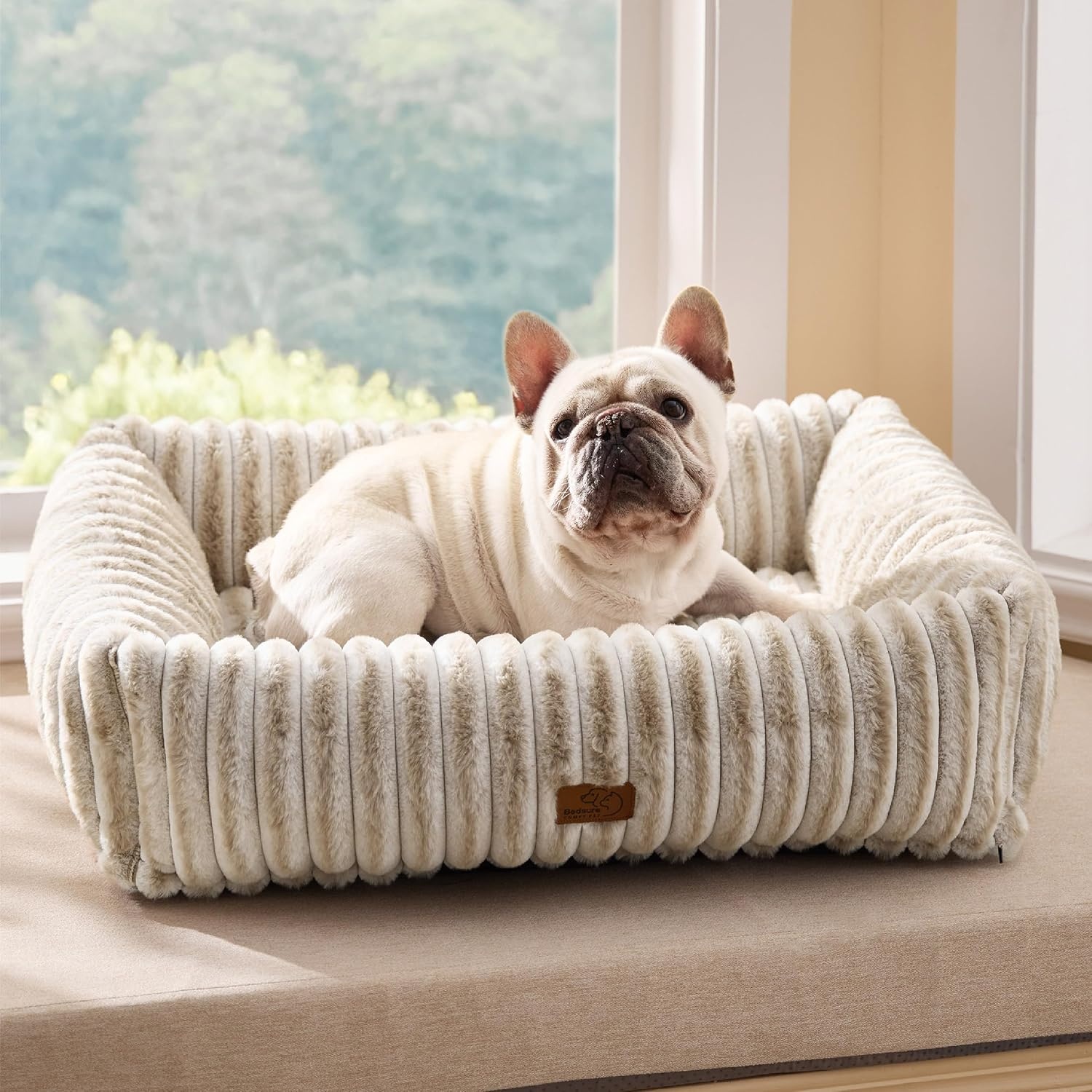 image:imageBedsure ComfyFleece Cute Dog Bed for Small Medium Dogs Washable25in Cream Furry Puppy BedsSquare Rectangle Orthopedic Corduroy Aesthetic Pet BedsRemovable Zipper CoverNonSlip BottomUp to 15 LbsAmphora