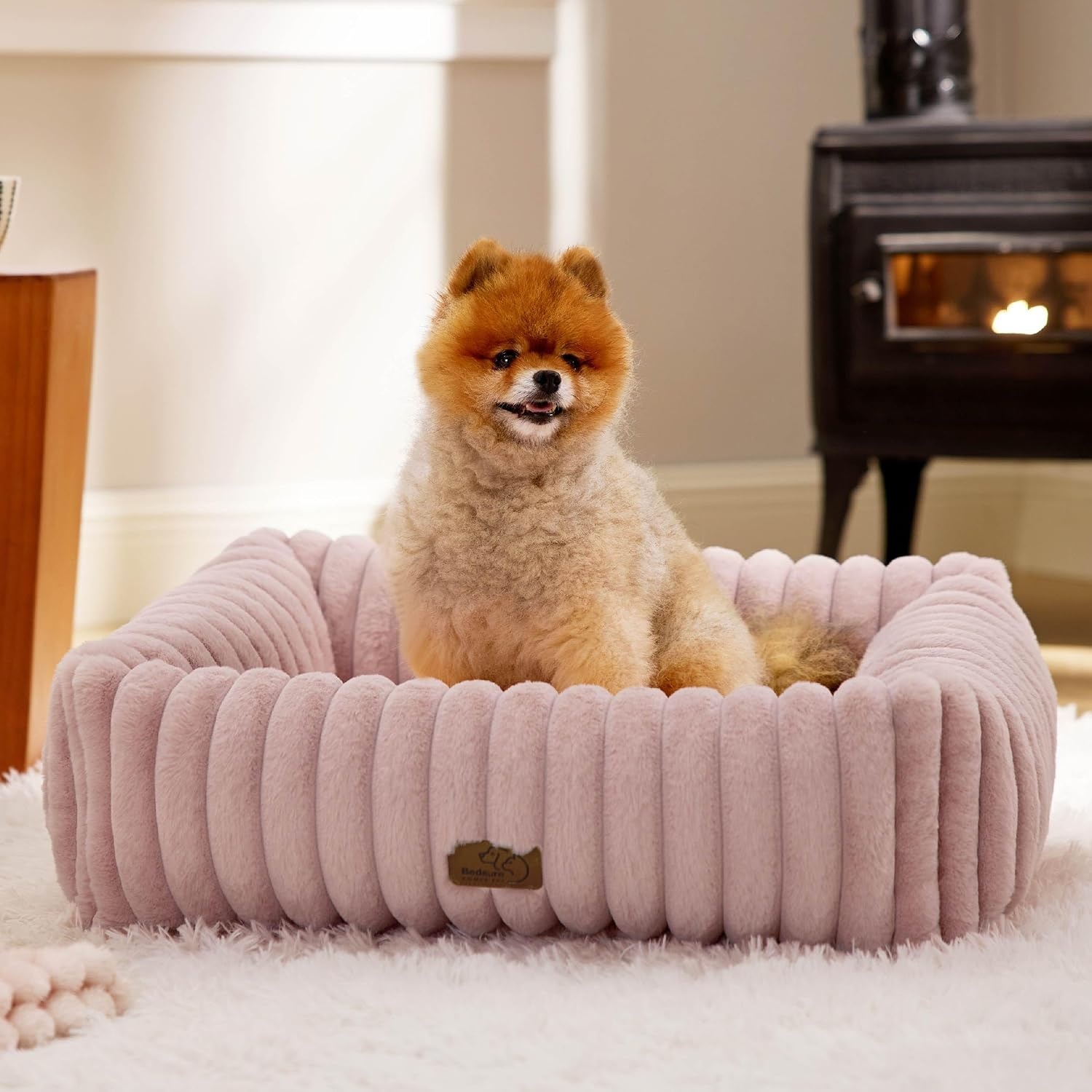 image:imageBedsure ComfyFleece Cute Dog Bed for Small Medium Dogs Washable25in Cream Furry Puppy BedsSquare Rectangle Orthopedic Corduroy Aesthetic Pet BedsRemovable Zipper CoverNonSlip BottomUp to 15 LbsBlush Pink