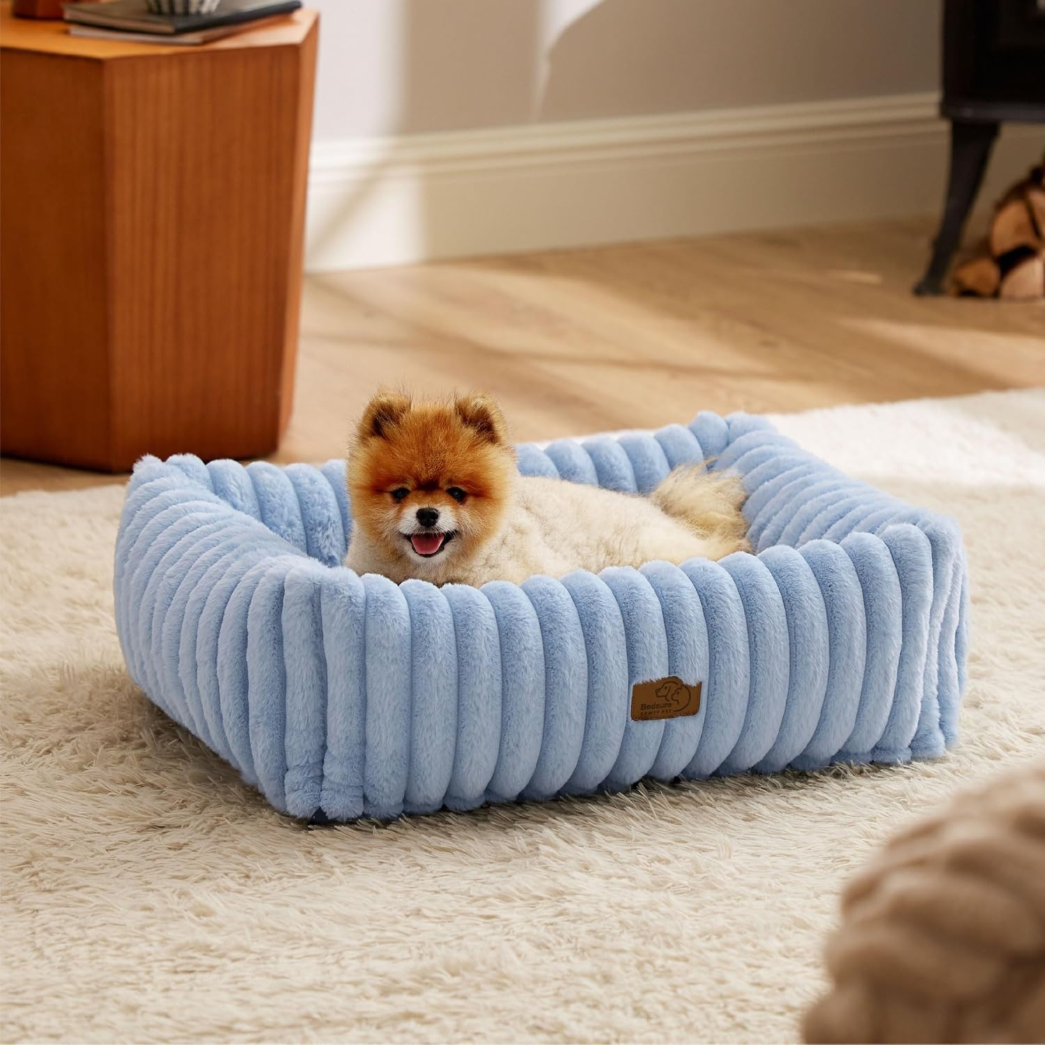 image:imageBedsure ComfyFleece Cute Dog Bed for Small Medium Dogs Washable25in Cream Furry Puppy BedsSquare Rectangle Orthopedic Corduroy Aesthetic Pet BedsRemovable Zipper CoverNonSlip BottomUp to 15 LbsBlue