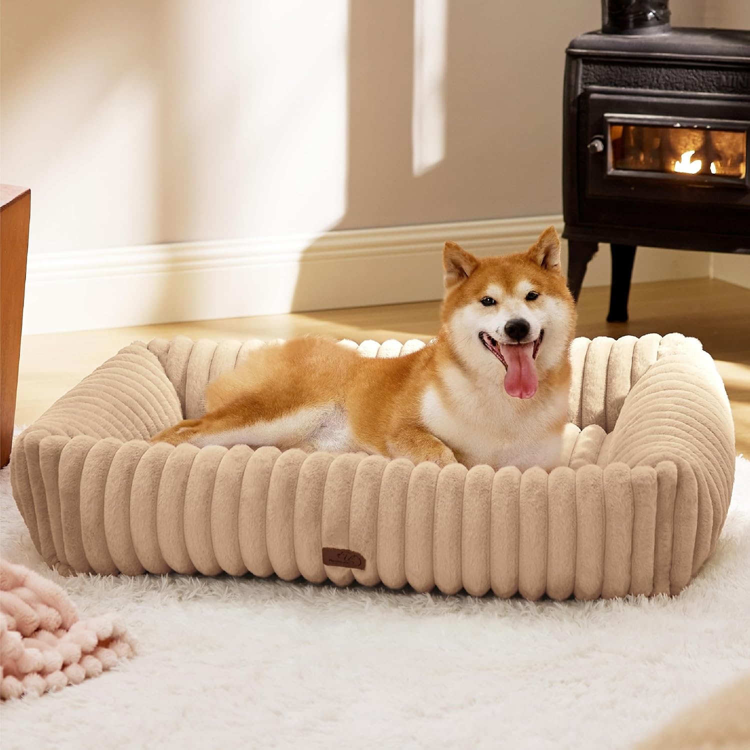 image:imageBedsure ComfyFleece Cute Dog Bed for Small Medium Dogs Washable25in Cream Furry Puppy BedsSquare Rectangle Orthopedic Corduroy Aesthetic Pet BedsRemovable Zipper CoverNonSlip BottomUp to 15 LbsSandy Beige