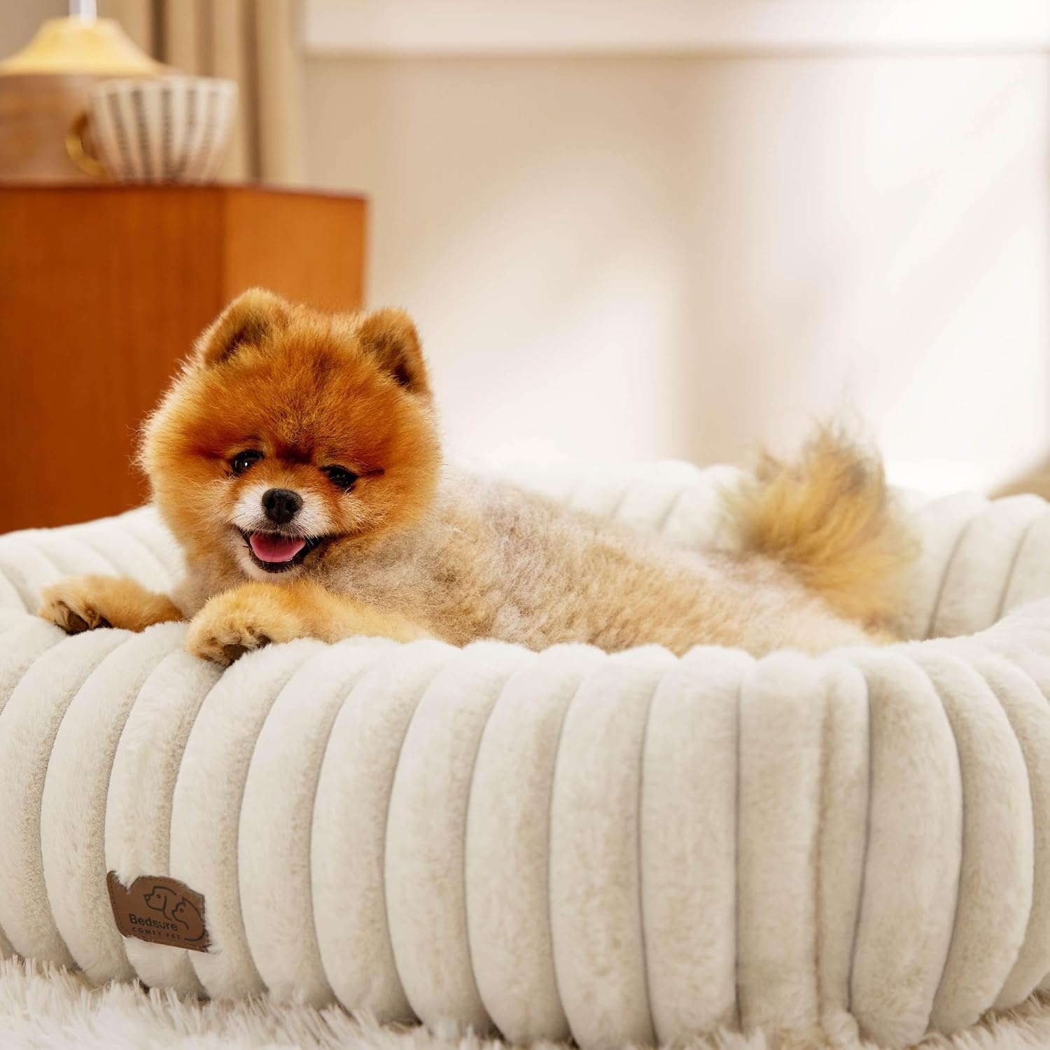 image:imageBedsure ComfyFleece Cute Dog Bed for Small Medium Dogs Washable25in Cream Furry Puppy BedsSquare Rectangle Orthopedic Corduroy Aesthetic Pet BedsRemovable Zipper CoverNonSlip BottomUp to 15 LbsCream