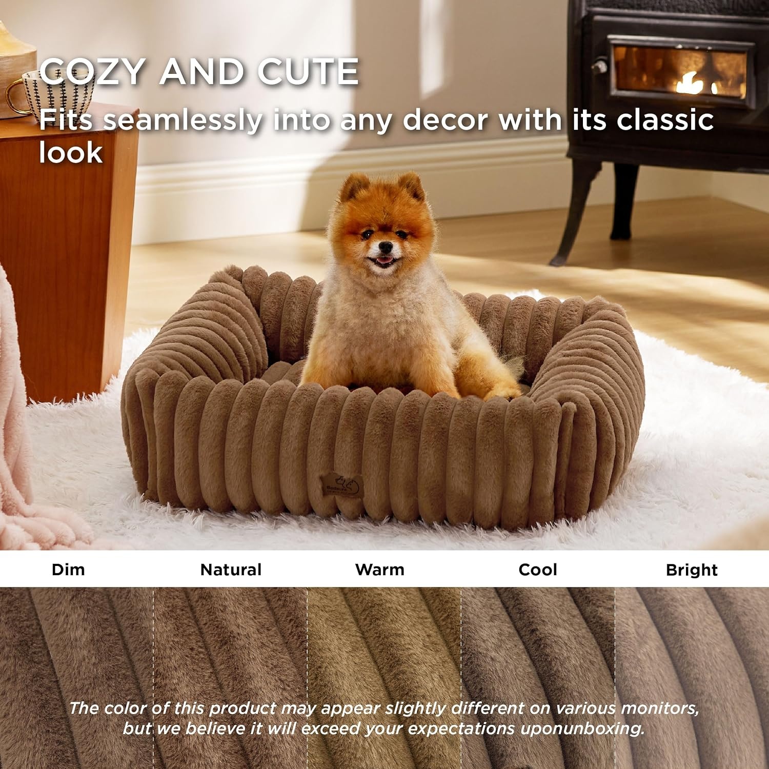 image:imageBedsure ComfyFleece Cute Dog Bed for Small Medium Dogs Washable25in Cream Furry Puppy BedsSquare Rectangle Orthopedic Corduroy Aesthetic Pet BedsRemovable Zipper CoverNonSlip BottomUp to 15 LbsCamel Brown