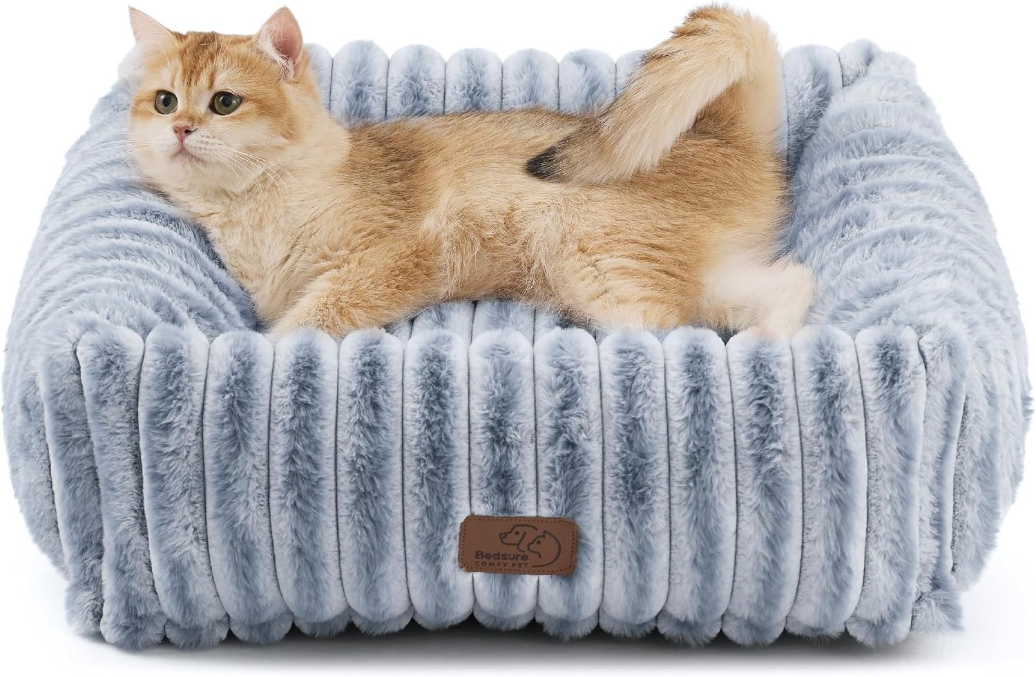 image:imageBedsure ComfyFleece Cute Dog Bed for Small Medium Dogs Washable25in Cream Furry Puppy BedsSquare Rectangle Orthopedic Corduroy Aesthetic Pet BedsRemovable Zipper CoverNonSlip BottomUp to 15 LbsBlue Indigo