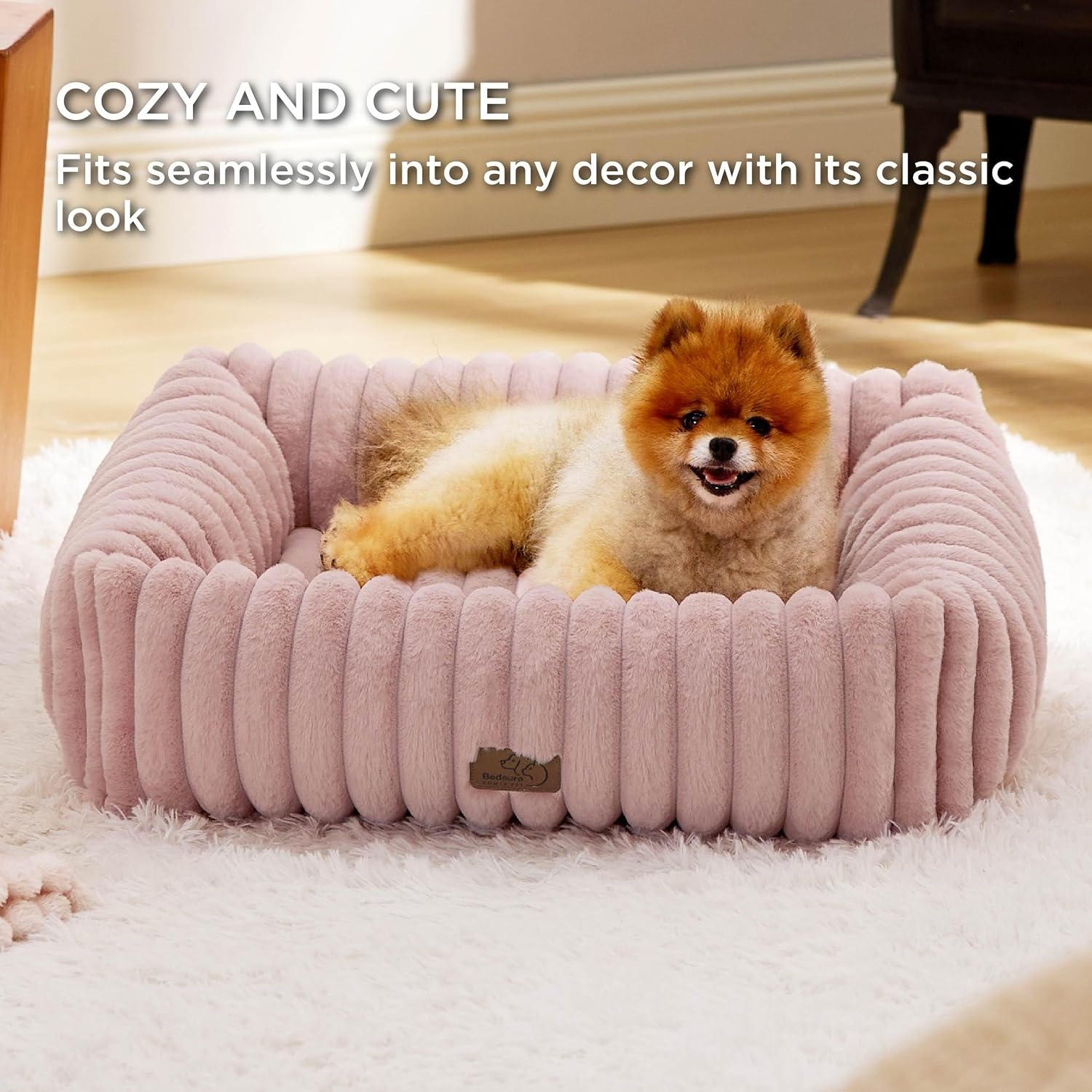 image:imageBedsure ComfyFleece Cute Dog Bed for Small Medium Dogs Washable25in Cream Furry Puppy BedsSquare Rectangle Orthopedic Corduroy Aesthetic Pet BedsRemovable Zipper CoverNonSlip BottomUp to 15 LbsBlush Pink