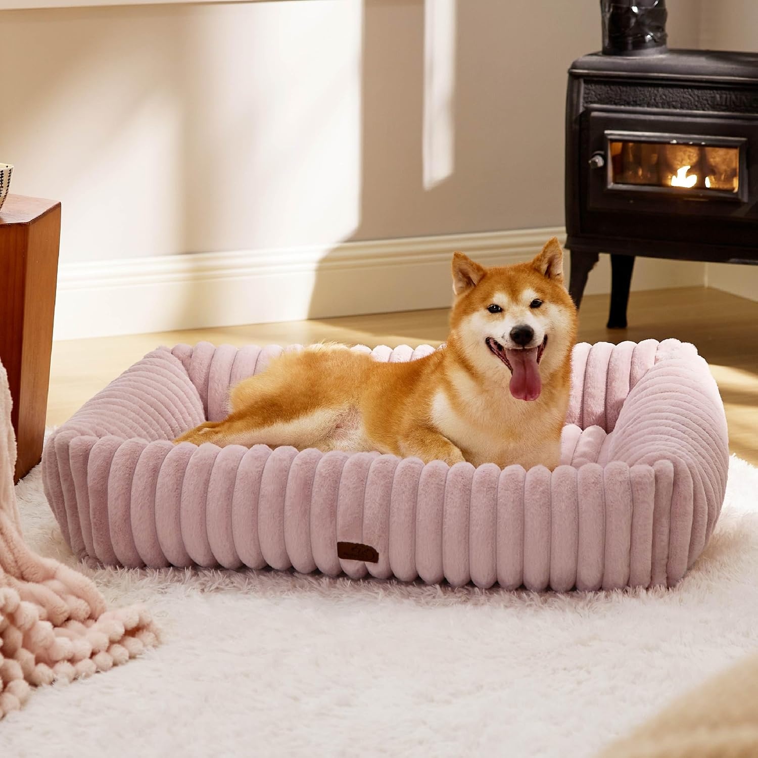 image:imageBedsure ComfyFleece Cute Dog Bed for Small Medium Dogs Washable25in Cream Furry Puppy BedsSquare Rectangle Orthopedic Corduroy Aesthetic Pet BedsRemovable Zipper CoverNonSlip BottomUp to 15 LbsBlush Pink