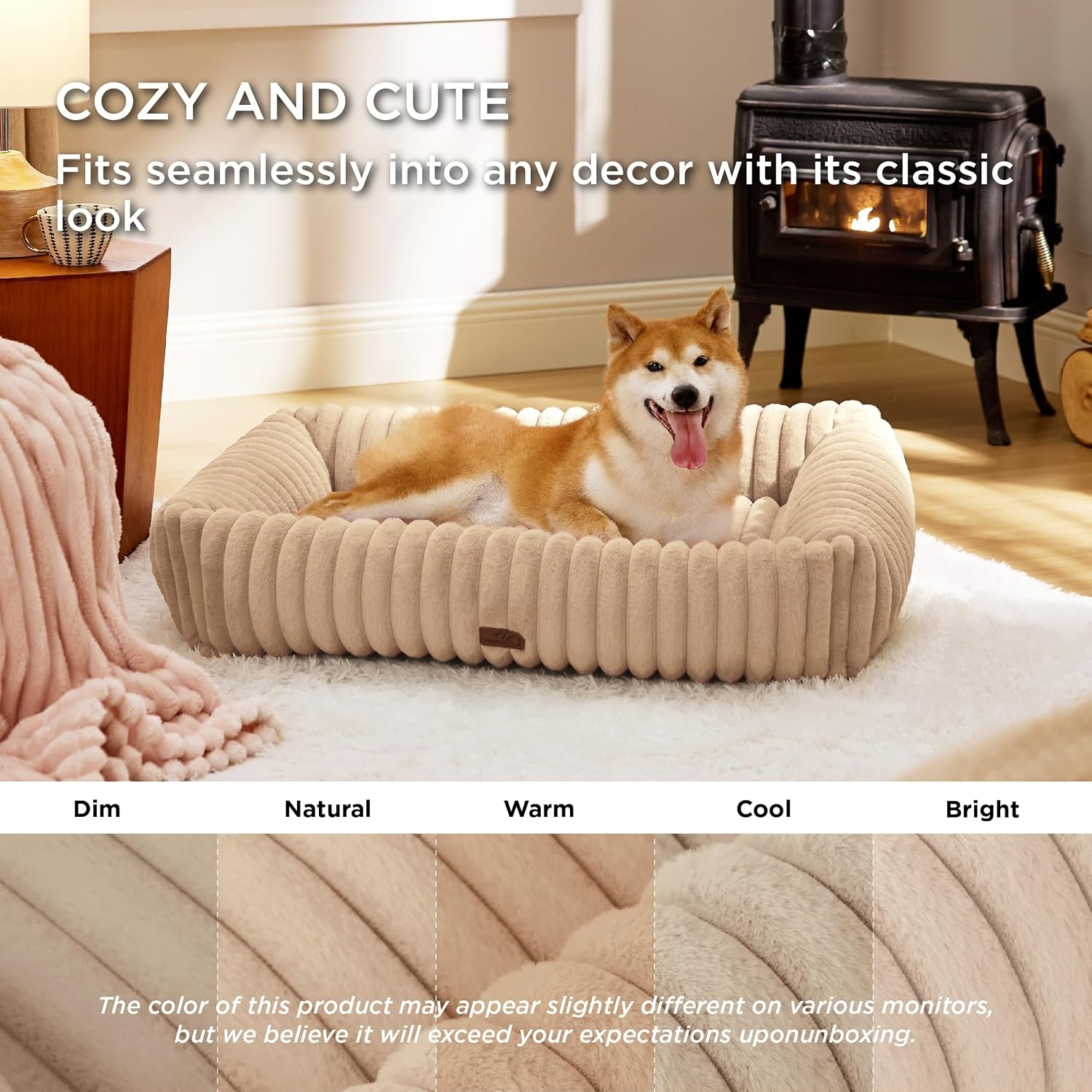 image:imageBedsure ComfyFleece Cute Dog Bed for Small Medium Dogs Washable25in Cream Furry Puppy BedsSquare Rectangle Orthopedic Corduroy Aesthetic Pet BedsRemovable Zipper CoverNonSlip BottomUp to 15 LbsSandy Beige