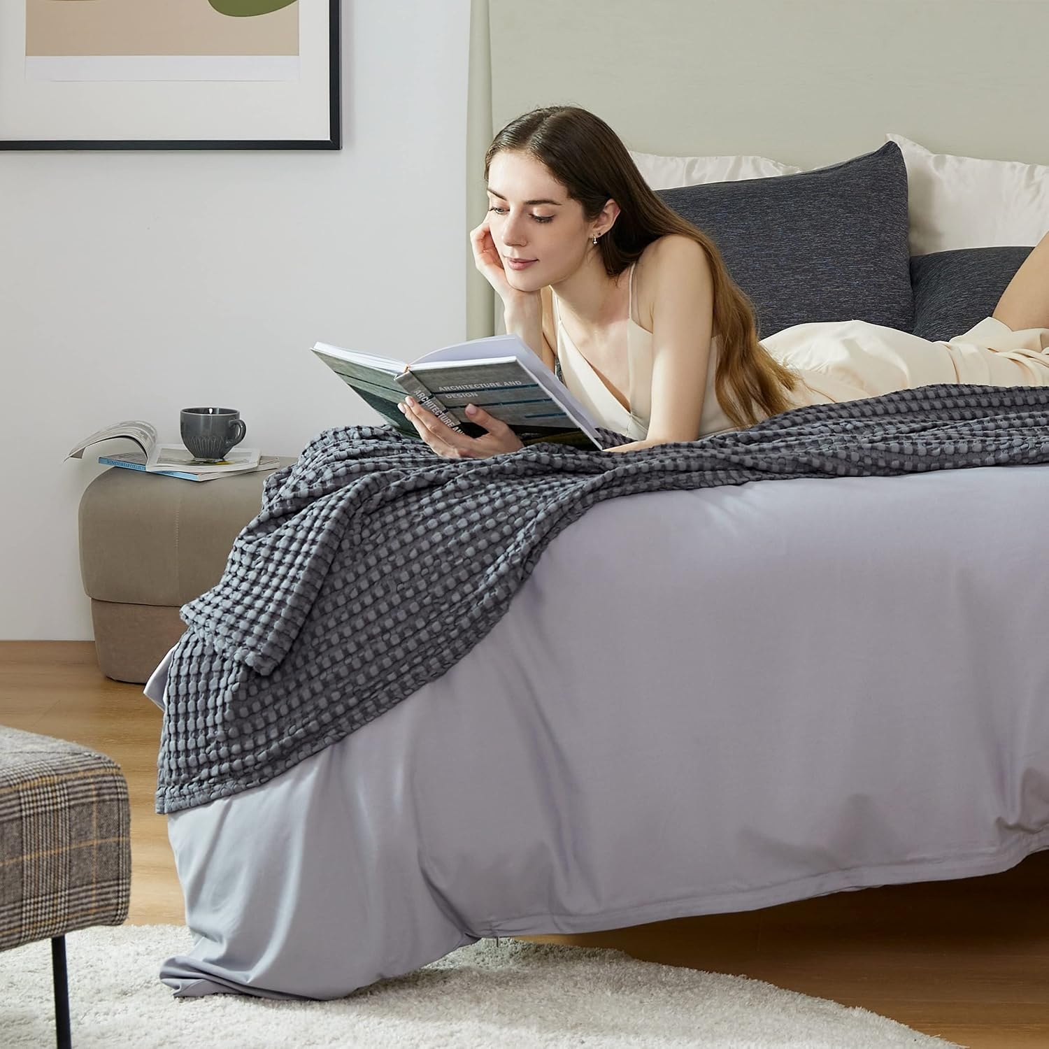 image:imageBedsure Cooling Cotton Waffle Full Size Blanket Lightweight Breathable Blanket of Rayon Derived from Bamboo for Hot Sleepers Luxury Throws for Bed Couch and Sofa Ivory 80x90 Inches02 Dark Grey