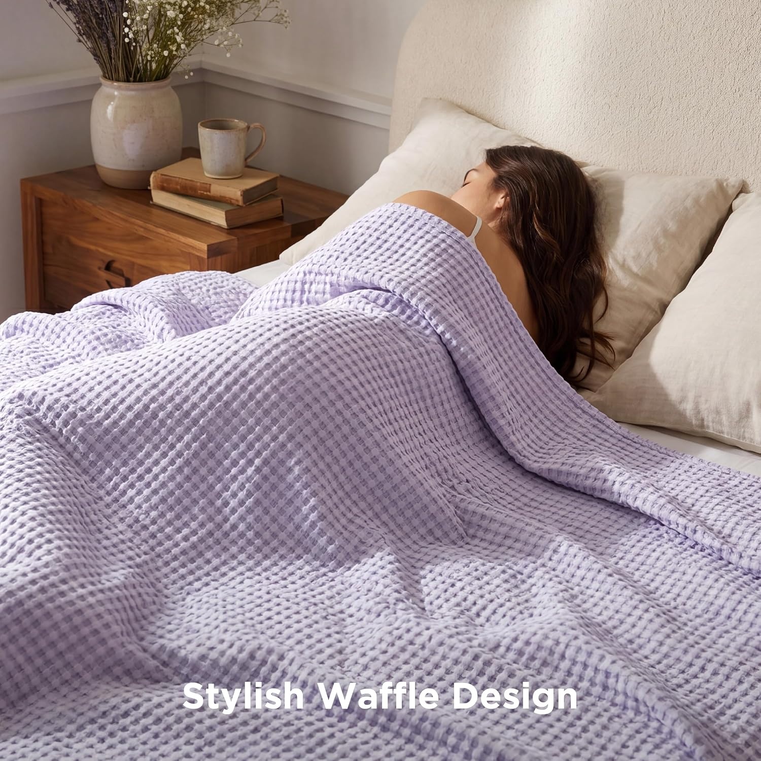 image:imageBedsure Cooling Cotton Waffle Full Size Blanket Lightweight Breathable Blanket of Rayon Derived from Bamboo for Hot Sleepers Luxury Throws for Bed Couch and Sofa Ivory 80x90 InchesLight Purple
