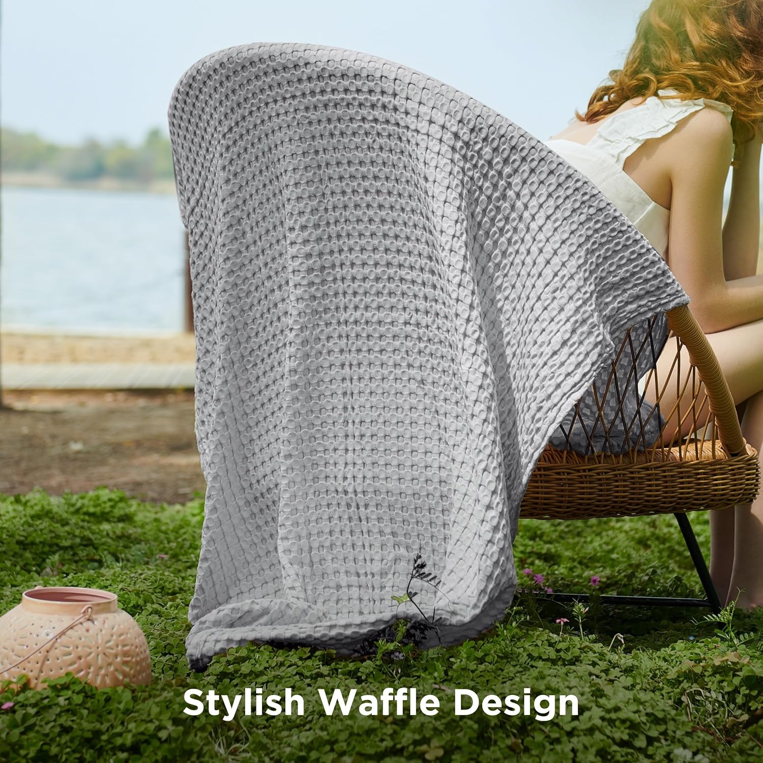 image:imageBedsure Cooling Cotton Waffle Full Size Blanket Lightweight Breathable Blanket of Rayon Derived from Bamboo for Hot Sleepers Luxury Throws for Bed Couch and Sofa Ivory 80x90 InchesGrey